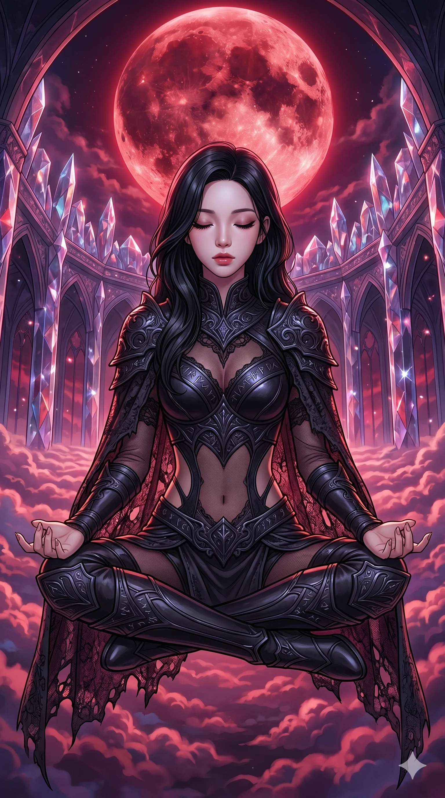 score_9, masterpiece, best quality, ultra-detailed, high-budget anime movie keyframe, cinematic anime lighting, intricate line art, Caucasian (strictly human ears) woman. Upper body filling screen focusing on her alluring features and slim-fit silhouette. meditating peacefully in a crystal palace above the clouds under a blood moon. She has an absolutely perfect 8-heads proportion, an exceptionally tall and slender female figure with an ultra-slim waist and impossibly long slender legs. sharp v-shaped jawline, high-bridge nose, intricate jewel-like eyes, thick eyelashes, glossy lips. Wearing dark fantasy gothic leather armor with ornate obsidian plates, a tattered lace cape, and sheer mesh cut-outs at the midriff, exuding a mysterious allure. The scene is illuminated by dramatic atmospheric lighting and vibrant color palettes. , 2k, ultra detail, master piece, 9:16 ratio