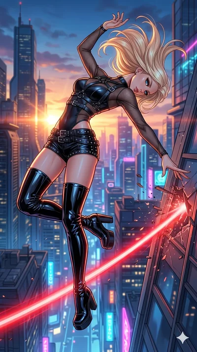 score_9, masterpiece, best quality, ultra-detailed, high-budget anime movie keyframe, cinematic anime lighting, intricate line art, Caucasian (strictly human ears) woman. Mid-air action shot capturing a graceful twist and vertical silhouette. perform