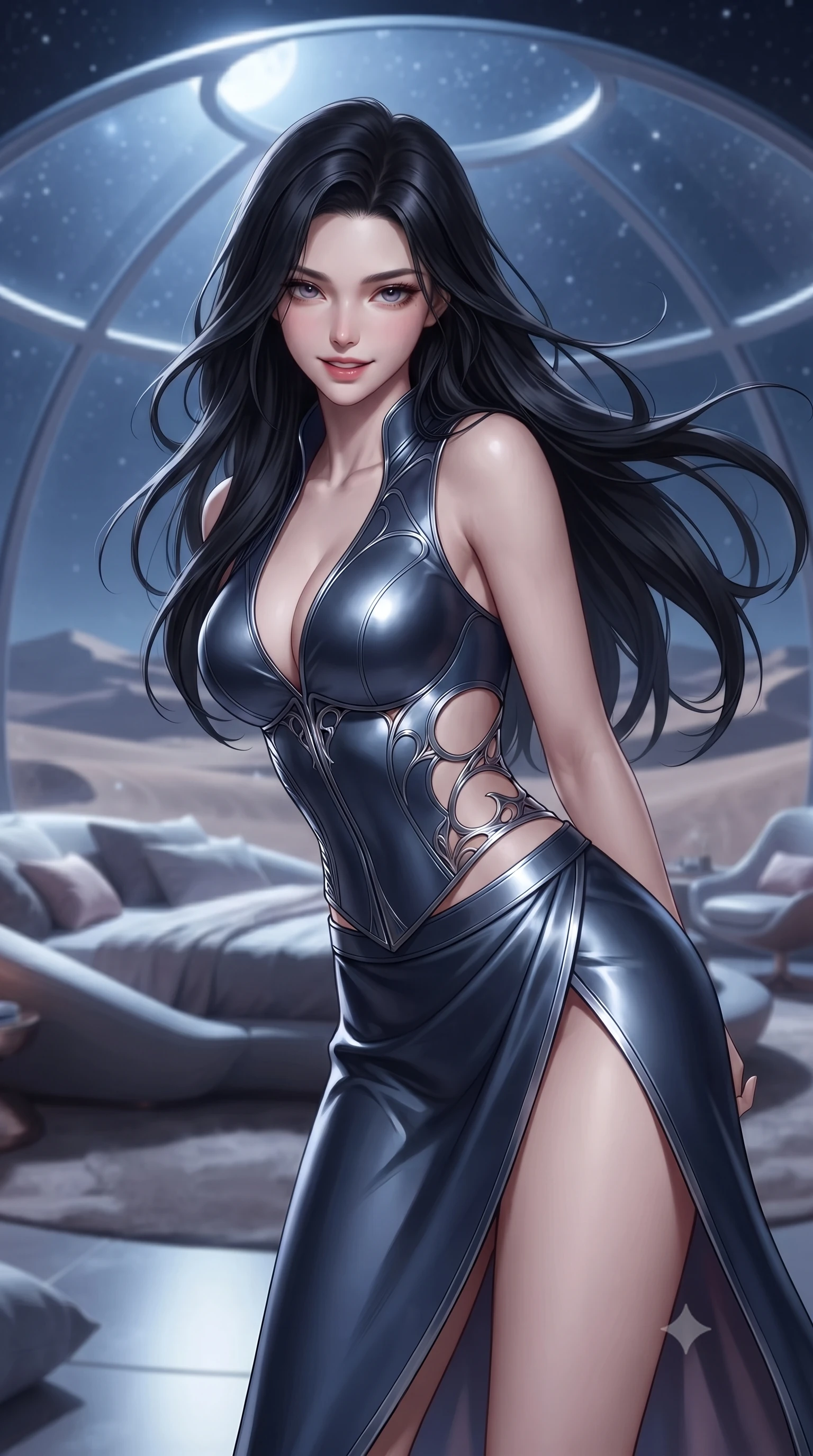score_9, masterpiece, best quality, ultra-detailed, high-budget anime keyframe, editorial fashion photography, tasteful artistic composition, Korean woman. close-up cowboy shot from the waist and thighs up, the character dominates the composition, filling the frame with her large presence, background elements kept in soft focus. leaning slightly forward with a playful, teasing smile, her gaze locked onto the viewer with lips parted in a composed pose, the background shows a soft-focus a desert dome bedroom built in the middle of a vast sand desert at night. She has an exceptionally elegant, slender, and willowy female figure with an ultra-slim waist, a gracefully sculpted slender torso, and a refined silhouette. sharp v-shaped jawline, high-bridge nose, intricate jewel-like eyes with depth, thick eyelashes, glossy lips with a natural sheen. wearing a body-hugging deep plunging-V neck bodycon armor top, featuring keyhole cutouts along the ribs and a thigh-slit wrap skirt. soft silver moonlight wrapping her silhouette in a cool cosmic glow. ultra-reflective glossy finish, specular highlights, metallic sheen, high-contrast stereoscopic depth, volumetric dynamic lighting, 2k, ultra detail, master piece, 9:16 ratio