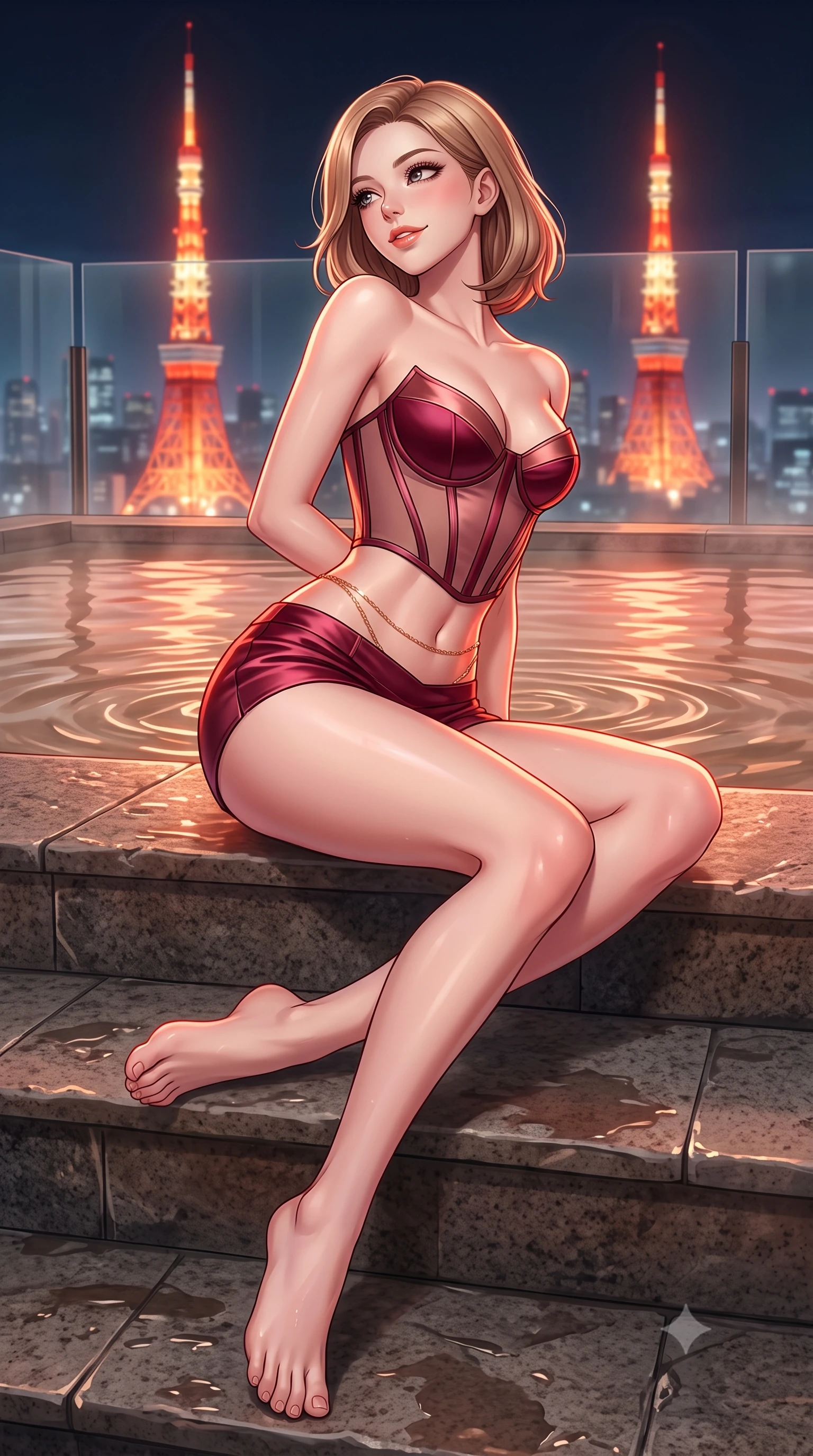 score_9, masterpiece, best quality, ultra-detailed, high-budget anime keyframe, semi-realistic 3D game render, editorial fashion photography, tasteful artistic composition, Korean woman. low angle full-body shot from head to toe showing her feet, filling the entire 9:16 vertical frame with her statuesque presence, stretching her vertical silhouette. sitting poised on the stone steps with one knee bent, arching her spine with supermodel elegance as she glances upward through thick eyelashes while twisting her slender torso in an alluring S-curve, warm hot spring water ripples and red-orange tower lights tracing her narrow waist and curvy hips. The background shows a soft-focus glass safety balustrades softened in ultra-exclusive urban rooftop shallow focus. She has an absolutely perfect, statuesque 8.5-heads proportion, an exceptionally tall and slender model-like female figure with impossibly long slender legs, an ultra-slim waist, a flat toned midriff, narrow delicate ribcage, and beautifully sculpted feminine hips creating a graceful, slim hourglass silhouette without any bulky heaviness. sharp v-shaped jawline, high-bridge nose, sparkling eyes with hypnotic seductive depth, thick curled eyelashes, glossy parted lips with a natural dewy peach sheen, alluring bedroom-eyes with an enchanting coquettish smile, exuding magnetic siren charisma and sophisticated glamour, flawlessly proportioned anatomical accuracy, strict slender model proportions, natural body alignment, perfectly sculpted long slender limbs, ultra-slim waistline, clean dynamic posture without body distortion. wearing a strapless boned satin corset bodice paired with low-waisted tailored satin hot-pants in smoldering Chianti crimson wine and deep rose-gold, made of semi-opaque stretch illusion mesh with soft shadowy contours, accented with a dainty gold belly chain resting across her flat midriff and curving hips, the high-slit wrap tailoring accentuating her ultra-slim waistline and the enchanting curve of her feminine hips with alluring seductive charm. bathed in the warm underwater thermal pool glow paired with vivid red-orange neon spill from the illuminated Tokyo Tower. highly saturated vibrant anime colors, detailed shading with soft gradients, rich glossy textures, high-contrast stereoscopic depth, volumetric dynamic lighting, master piece, 9:16 ratio