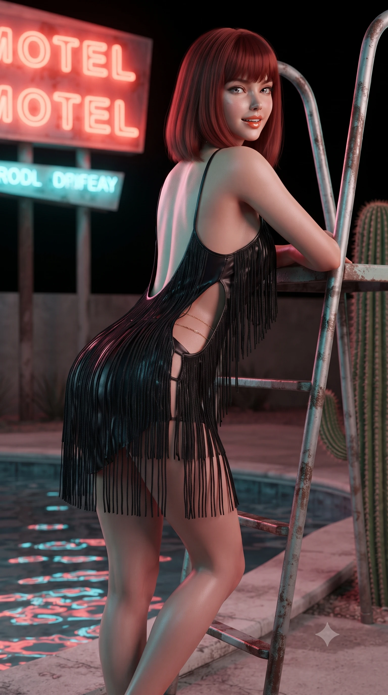 score_9, masterpiece, best quality, ultra-detailed, high-budget anime keyframe, editorial fashion photography, tasteful artistic composition, Caucasian woman. close-up cowboy shot from the waist and thighs up, the character dominates the composition, filling the frame with her large presence. posing in an alluring rear three-quarter angle, looking over a bare shoulder with parted glossy lips, her hips cocked back to highlight her slim hourglass curve while leaning against the vintage motel diving board ladder with arching back, looking into the camera with an alluring, parted-lip smile. The surrounding environment is rendered in vivid detail and crisp panoramic clarity: sharp pool water ripple surface reflections, saguaro cactus ribbed spine texture, and concrete pool coping in deep focus. She has an exceptionally elegant, slender, and willowy female figure with an ultra-slim waist, flat toned midriff, narrow ribcage, and sculpted feminine hips creating an alluring, slim hourglass silhouette without bulk. sharp v-shaped jawline, high-bridge nose, sparkling eyes with hypnotic seductive depth, thick curled eyelashes, glossy parted lips with a natural dewy peach sheen, alluring bedroom-eyes with an enchanting coquettish smile, exuding magnetic siren charisma and sophisticated glamour, flawlessly proportioned anatomical accuracy, strict slender model proportions, natural body alignment, perfectly sculpted long slender limbs, ultra-slim waistline, clean dynamic posture without body distortion. wearing a sheer black gauze fringe slip dress worn over a liquid satin undergarment, hugging her flat midriff and hips in wet-look onyx black with electric cyan reflections, woven from buttery-soft stretch lambskin leather adhering to her body like a second skin, accented with a dainty gold belly chain resting across her flat midriff and curving hips, the precision-cut side openings and low-back scoop framing her graceful spine and the sensual sweep of her slim, toned hips. bathed in glowing neon coral-and-cyan light radiating from the vintage roadside motel sign. ultra-reflective glossy finish, specular highlights, rich textural contrasts, high-contrast stereoscopic depth, volumetric dynamic lighting, 2k, ultra detail, master piece, 9:16 ratio