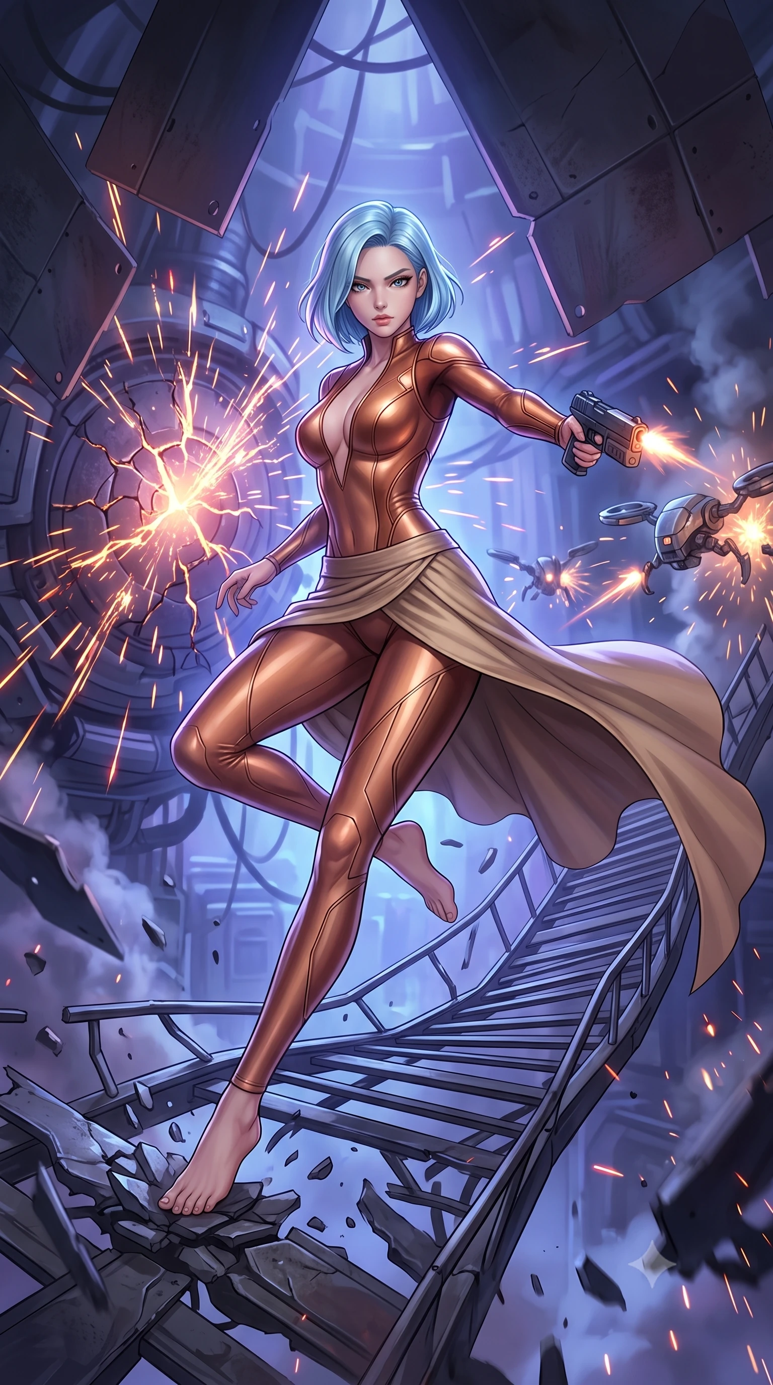 score_9, masterpiece, best quality, ultra-detailed, high-budget anime keyframe, editorial fashion photography, tasteful artistic composition, Korean woman. low angle full-body shot from head to toe showing her feet, filling the entire 9:16 vertical frame with her statuesque presence, stretching her vertical silhouette. leaping dynamically off a collapsing sky-bridge while firing back at security drones through the ruined engine room of a wrecked cruiser, sparks arcing from the cracked reactor core and metal plates hanging loose. She has a statuesque 8.5-heads proportion, an exceptionally tall, slender and willowy model-like build with impossibly long legs and a highly sculpted ultra-slim waist. sharp v-shaped jawline, high-bridge nose, intricate jewel-like eyes with depth, thick eyelashes, glossy lips with a natural sheen. wearing tailored for maximum mobility, sleek form-contouring panels that allow fluid movement, a slim-fit metallic copper bodysuit with a deep V-cut front, paired with a flowing beige asymmetrical wrap skirt. highly saturated vibrant anime colors, intense vivid color palette, soft 3D volumetric shading, volumetric dynamic lighting, cool ethereal blue-violet bioluminescent glow wrapping around her from all sides. 2k, ultra detail, master piece, 9:16 ratio