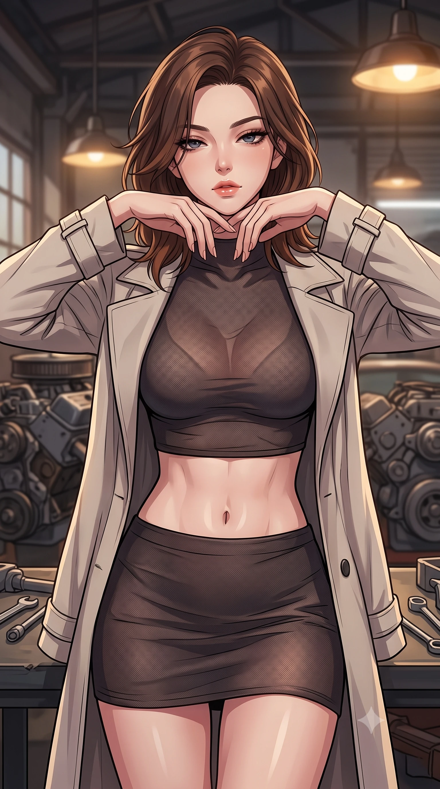 score_9, masterpiece, best quality, ultra-detailed, high-budget anime keyframe, tasteful artistic composition, Korean woman. close-up cowboy shot from the waist and thighs up, the character dominates the composition, filling the frame with her large presence, background elements kept in soft focus. resting her chin on the backs of her fingers, casting a heavy-lidded, sultry look past the camera the background shows a soft-focus a vintage car restoration hangar filled with engine blocks and metallic tools. She has an exceptionally elegant, slender, and willowy female figure with an ultra-slim waist, a gracefully sculpted slender torso, and a refined silhouette. sharp v-shaped jawline, high-bridge nose, intricate jewel-like eyes with depth, thick eyelashes, glossy lips with a natural sheen. wearing a form-contouring semi-opaque dark mesh crop top paired with a mini skirt, layered with a tailored light trench coat. warm industrial lamps casting cozy, soft shadows on the metal panels. highly saturated vibrant anime colors, cel-shading, 2d style, master piece, 9:16 ratio