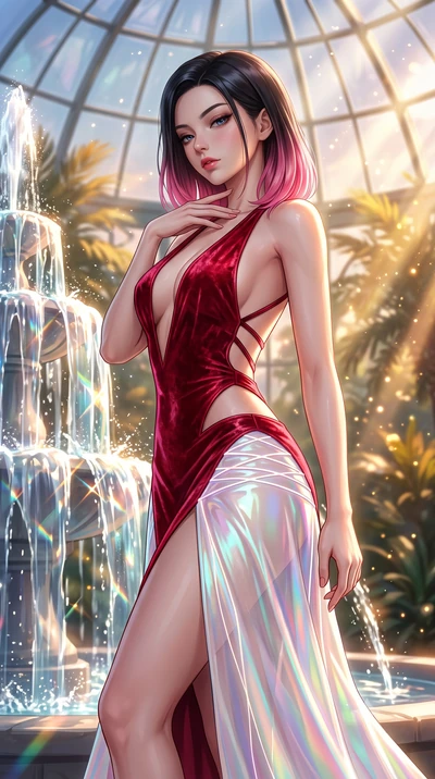 score_9, masterpiece, best quality, ultra-detailed, high-budget anime keyframe, semi-realistic 3D game render, editorial fashion photography, tasteful artistic composition, Korean woman. close-up cowboy shot from the waist and thighs up, the characte
