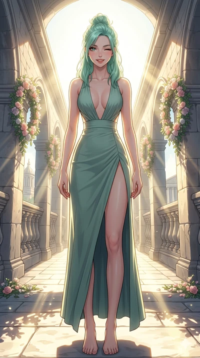 score_9, masterpiece, best quality, ultra-detailed, high-budget anime keyframe, vibrant anime aesthetic, Japanese woman. low angle full-body shot from head to toe showing her feet, filling the entire 9:16 vertical frame with her statuesque presence, 
