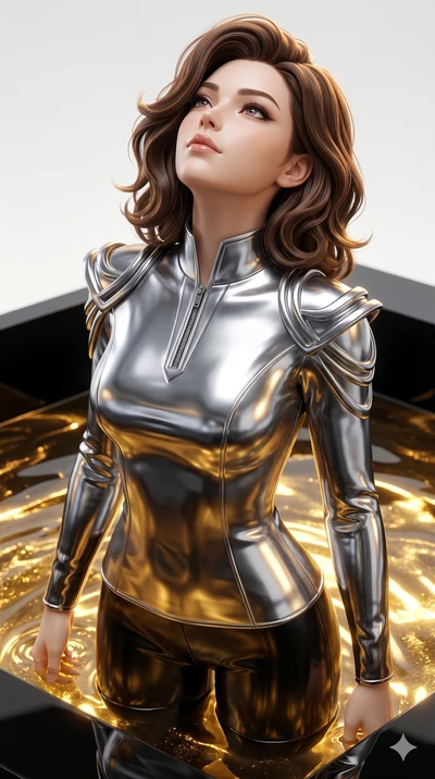 score_9, masterpiece, best quality, ultra-detailed, high-budget anime keyframe, semi-realistic 3D game render, Korean woman. Upper body close-up from the thighs up, character filling the screen for maximum presence. She is standing in a high-tech obs