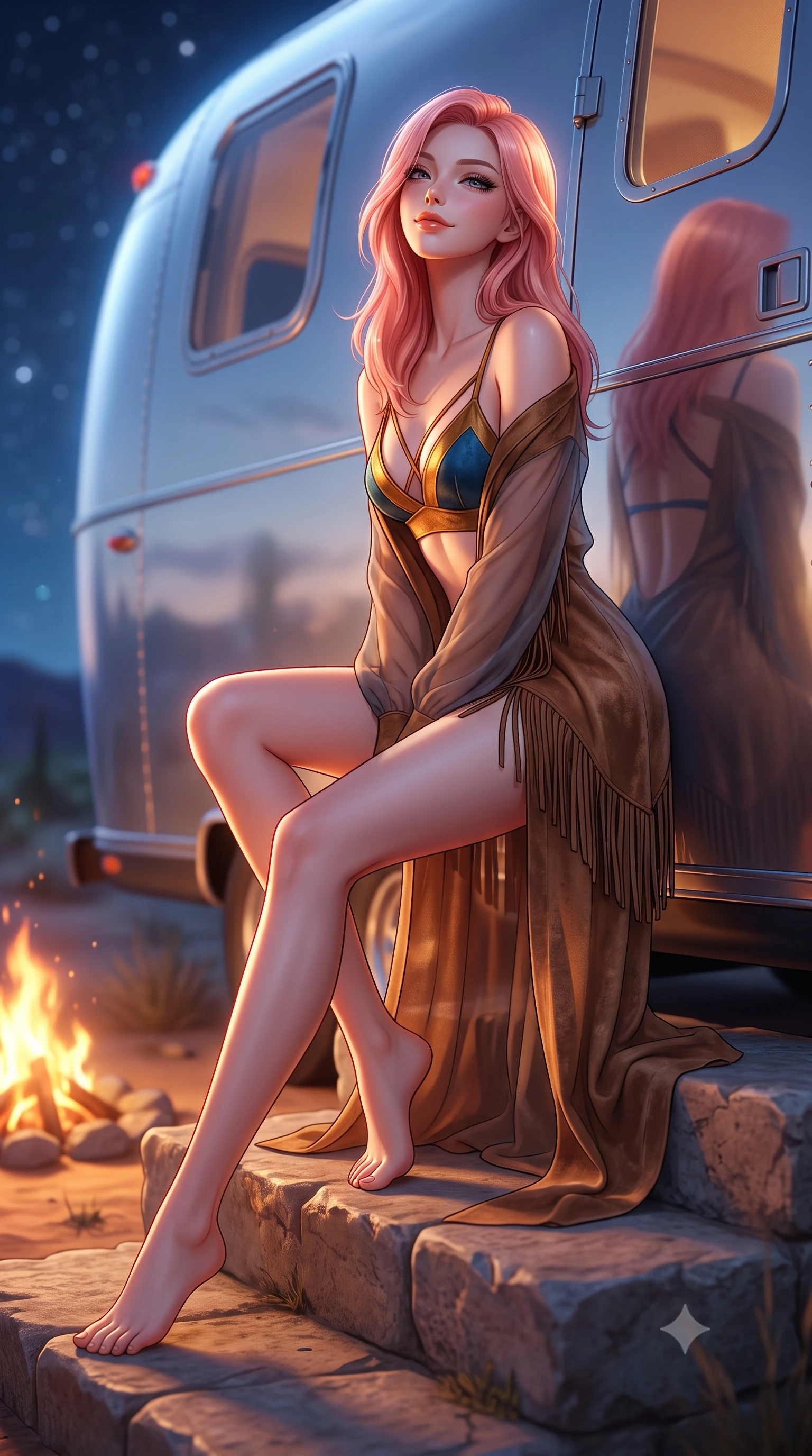 score_9, masterpiece, best quality, ultra-detailed, high-budget anime keyframe, semi-realistic 3D game render, editorial fashion photography, tasteful artistic composition, Japanese woman. low angle full-body shot from head to toe showing her feet, filling the entire 9:16 vertical frame with her statuesque presence, stretching her vertical silhouette. sitting poised on the stone steps with one knee bent, arching her spine with supermodel elegance as she glances upward through thick eyelashes while leaning against the mirror-polished aluminum Airstream trailer with hips cocked back, casting an intoxicating, smoldering half-smile. The background shows a soft-focus curved aluminum trailer reflections softened in magical desert night shallow focus. She has an absolutely perfect, statuesque 8.5-heads proportion, an exceptionally tall and slender model-like female figure with impossibly long slender legs, an ultra-slim waist, a flat toned midriff, narrow delicate ribcage, and beautifully sculpted feminine hips creating a graceful, slim hourglass silhouette without any bulky heaviness. sharp v-shaped jawline, high-bridge nose, sparkling eyes with hypnotic seductive depth, thick curled eyelashes, glossy parted lips with a natural dewy peach sheen, alluring bedroom-eyes with an enchanting coquettish smile, exuding magnetic siren charisma and sophisticated glamour, flawlessly proportioned anatomical accuracy, strict slender model proportions, natural body alignment, perfectly sculpted long slender limbs, ultra-slim waistline, clean dynamic posture without body distortion. wearing a delicate sheer chiffon western duster robe slipping off bare shoulders over a matching strappy suede bralette in molten liquid gold and deep ocean sapphire, tailored from ultra-soft distressed suede with velvety hand-feel and rich shadow depth, finished with a delicate leather fringe trim fluttering along her hip line with kinetic charm, the precision-cut side openings and low-back scoop framing her graceful spine and the sensual sweep of her slim, toned hips. bathed in the flickering warm orange glow of the campfire combined with cool celestial starlight fill. highly saturated vibrant anime colors, detailed shading with soft gradients, rich glossy textures, high-contrast stereoscopic depth, volumetric dynamic lighting, master piece, 9:16 ratio