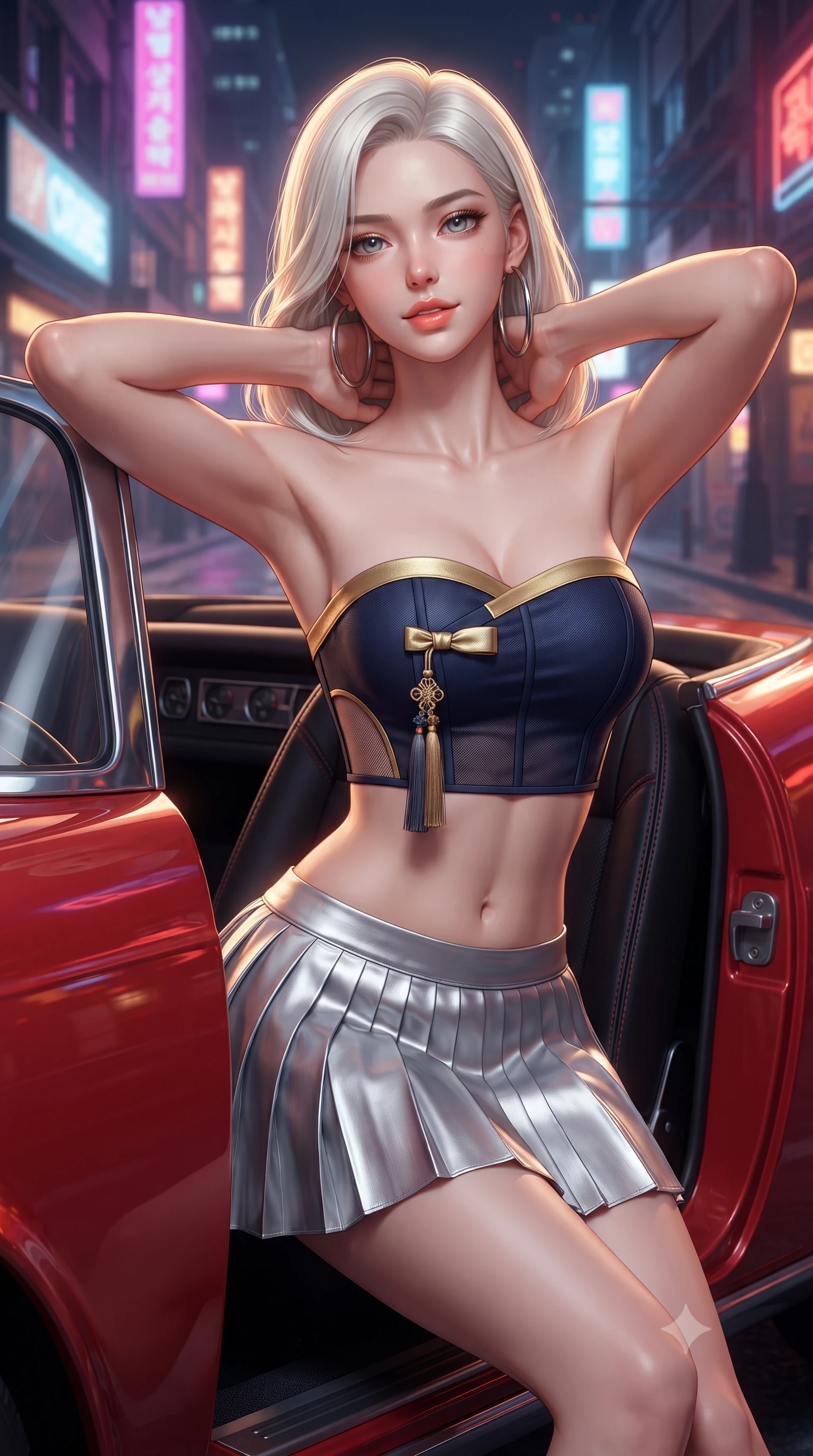score_9, masterpiece, best quality, ultra-detailed, high-budget anime keyframe, editorial fashion photography, tasteful artistic composition, Caucasian woman. close-up cowboy shot from the waist and thighs up, the character dominates the composition, filling the frame with her large presence. resting both hands lightly behind her neck with elbows raised, arching her spine to highlight her narrow waist, flat midriff, and breathtaking collarbones while sitting in the driver's seat of the open-top red convertible with the door open, arching her back with sun-kissed retro city-pop allure. The surrounding environment is rendered in vivid detail and crisp panoramic clarity: sharp red lacquer car body reflection, chrome bumper gleam, and leather seat stitching in deep focus. She has an exceptionally elegant, slender, and willowy female figure with an ultra-slim waist, flat toned midriff, narrow ribcage, and sculpted feminine hips creating an alluring, slim hourglass silhouette without bulk. sharp v-shaped jawline, high-bridge nose, sparkling eyes with hypnotic seductive depth, thick curled eyelashes, glossy parted lips with a natural dewy peach sheen, alluring bedroom-eyes with an enchanting coquettish smile, exuding magnetic siren charisma and sophisticated glamour, flawlessly proportioned anatomical accuracy, strict slender model proportions, natural body alignment, perfectly sculpted long slender limbs, ultra-slim waistline, clean dynamic posture without body distortion. wearing a modern strapless boned hanbok bustier with traditional norigae tassel accents paired with a micro-pleated silk mini skirt in metallic liquid silver and deep sapphire navy, made of semi-opaque stretch illusion mesh with soft shadowy contours, accented with oversized polished chrome hoop earrings catching the ambient neon glow, the precision-cut side openings and low-back scoop framing her graceful spine and the sensual sweep of her slim, toned hips. illuminated by car hood specular bounce and sharp warm-gold rim lights sculpting her jawline, flat midriff, and voluptuous hip curves. ultra-reflective glossy finish, specular highlights, rich textural contrasts, high-contrast stereoscopic depth, volumetric dynamic lighting, 2k, ultra detail, master piece, 9:16 ratio