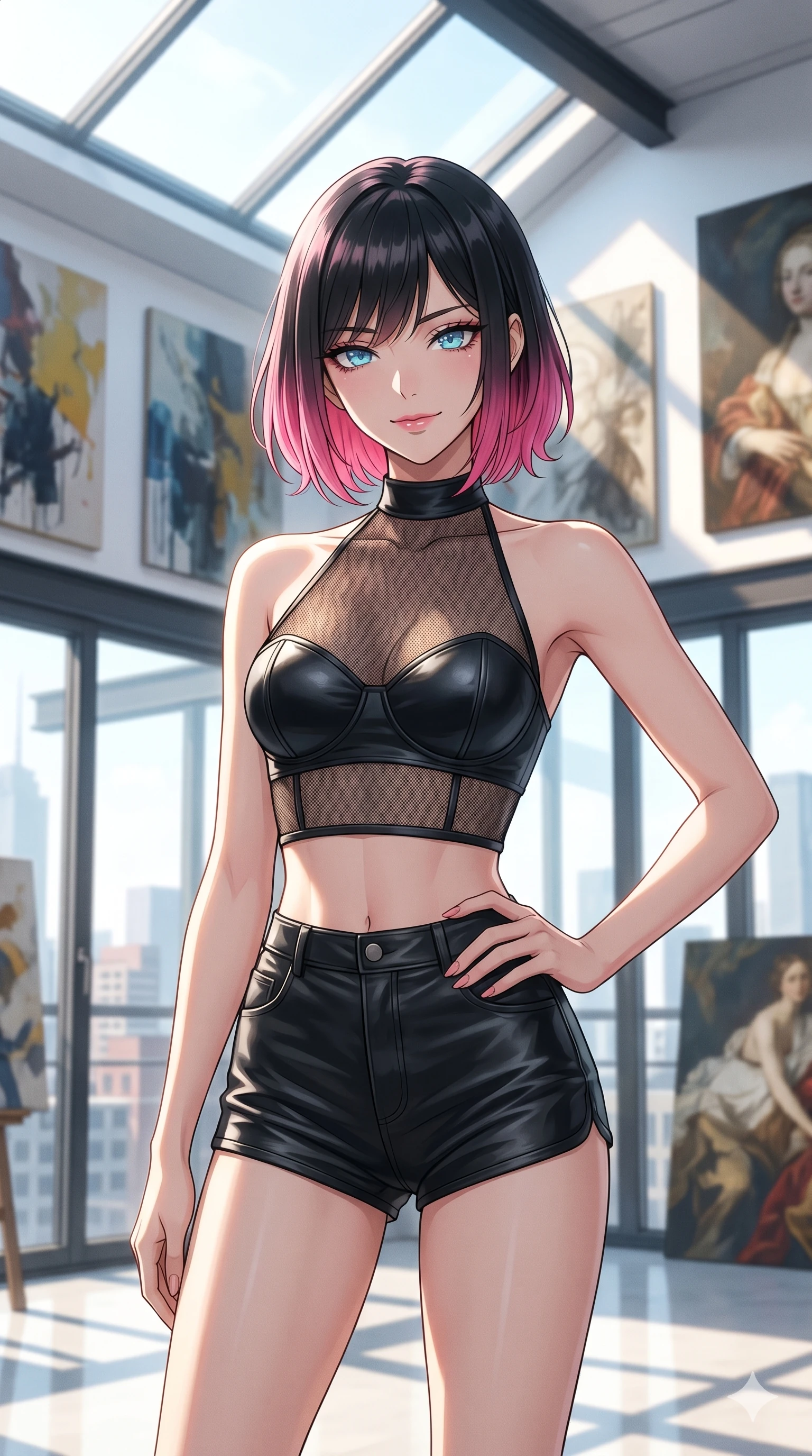 score_9, masterpiece, best quality, ultra-detailed, high-budget anime keyframe, editorial fashion photography, tasteful artistic composition, Korean woman. cowboy shot from the thighs up, character and outfit filling the frame for maximum editorial presence. resting one hand on her hip, looking at the camera with a confident, bedroom-eyes smile inside a sun-washed art loft with large skylights and canvases. She has an absolutely perfect 8-heads proportion, an exceptionally tall and slender female figure with impossibly long slender legs and an ultra-slim waist. V-shaped jawline, high-bridge nose, intricate jewel-like eyes with depth, thick eyelashes, glossy lips with a natural sheen. wearing a sheer mesh crop halter top over a structured black leather bustier and matching micro-shorts. drenched in brilliant morning daylight pouring through the glass, highlighting her sculpted silhouette. 2k, ultra detail, master piece, 9:16 ratio