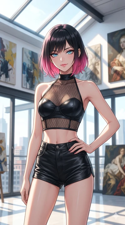 score_9, masterpiece, best quality, ultra-detailed, high-budget anime keyframe, editorial fashion photography, tasteful artistic composition, Korean woman. cowboy shot from the thighs up, character and outfit filling the frame for maximum editorial p