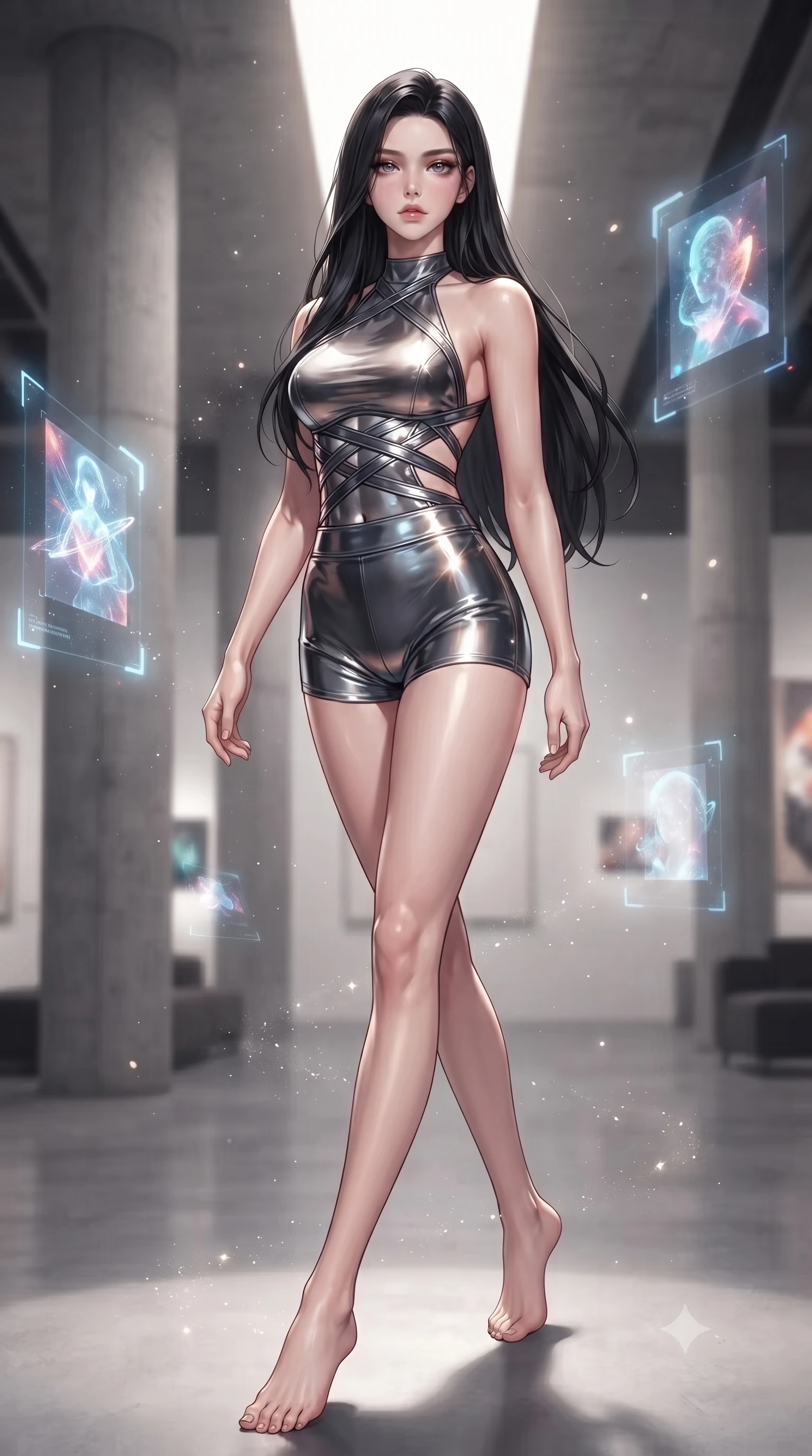score_9, masterpiece, best quality, ultra-detailed, high-budget anime keyframe, editorial fashion photography, tasteful artistic composition, Korean woman. low angle full-body shot from head to toe showing her feet, filling the entire 9:16 vertical frame with her statuesque presence, stretching her vertical silhouette. stepping gracefully through floating stardust particles, her body-contouring suit showing her athletic, slender silhouette, the background shows a soft-focus an art gallery lounge with concrete pillars and floating holographic art. She has an absolutely perfect, statuesque 8.5-heads proportion, an exceptionally tall and slender model-like female figure with impossibly long slender legs and an ultra-slim waist. sharp v-shaped jawline, high-bridge nose, intricate jewel-like eyes with depth, thick eyelashes, glossy lips with a natural sheen. wearing a body-hugging backless halter-neck combat top with criss-cross strapping, paired with carbon-alloy micro-shorts. focused spotlights casting sharp, detailed highlights on her clothing. ultra-reflective glossy finish, specular highlights, metallic sheen, high-contrast stereoscopic depth, volumetric dynamic lighting, 2k, ultra detail, master piece, 9:16 ratio