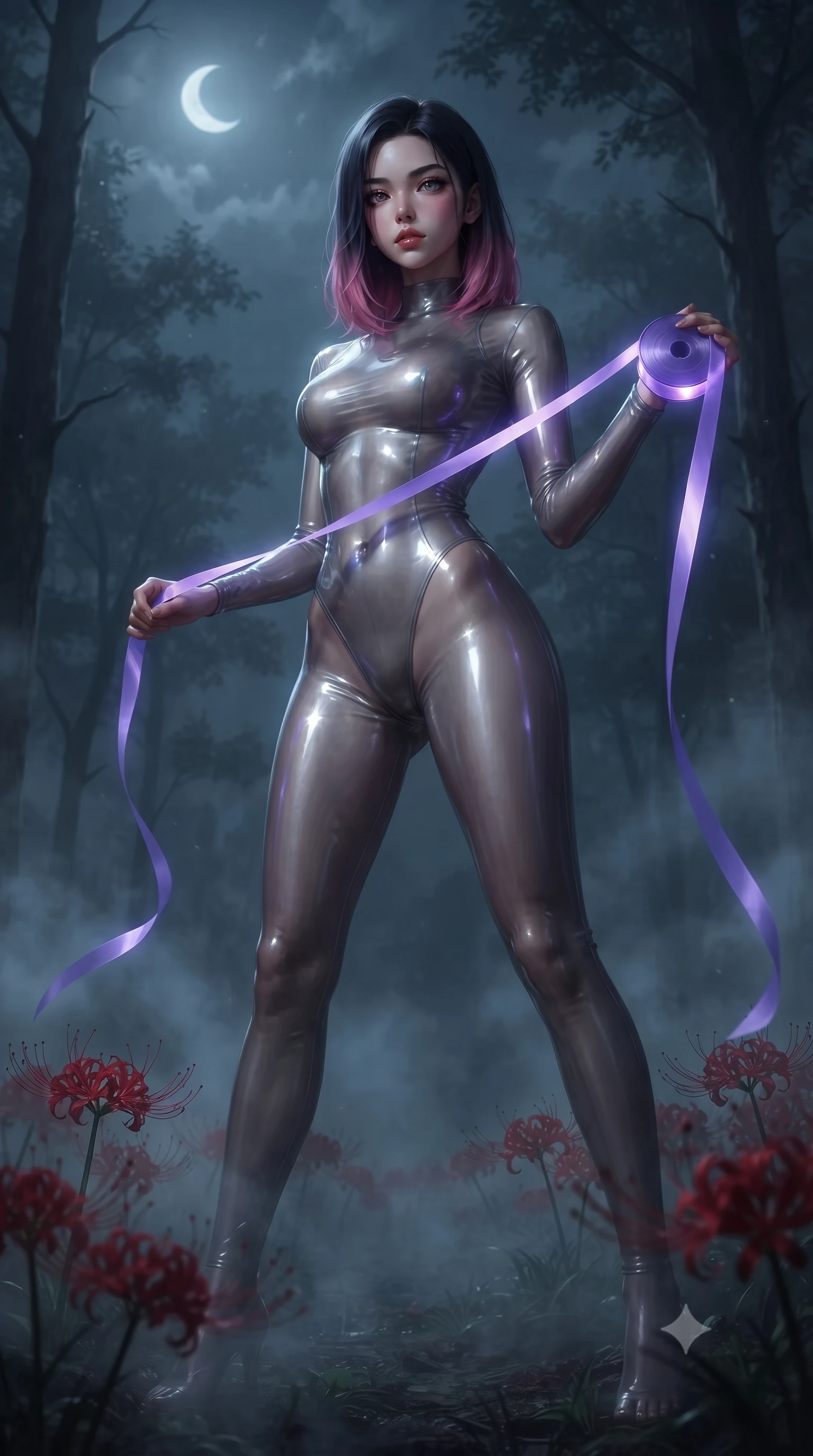 score_9, masterpiece, best quality, ultra-detailed, High-budget Anime Keyframe, editorial fashion photography, tasteful artistic composition, realistic cosplay photography, East Asian woman. Low angle cowboy shot filling the entire 9:16 frame with her statuesque presence. Scenario 388: unravelling a spool of glowing violet ribbon in a misty dark forest under a crescent moon with red spider lilies blooming. Her presence is magnetic and overpowering in this high-budget cinematic scene. Outfit 388: a body-hugging translucent PVC liquid with a high-cut leg line and tight-fitting silhouette. The clothing is designed to emphasize her exceptionally tall and slender 8-heads proportion. 8-heads proportion, towering silhouette, ultra-slim waist. sharp v-shaped jawline, intricate jewel-like eyes with depth, thick eyelashes, glossy lips. ultra-reflective glossy finish, specular highlights, metallic sheen, high-contrast stereoscopic depth, volumetric dynamic lighting, 2k, ultra detail, master piece, 9:16 ratio