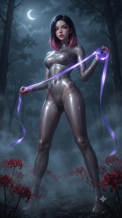 score_9, masterpiece, best quality, ultra-detailed, High-budget Anime Keyframe, editorial fashion photography, tasteful artistic composition, realistic cosplay photography, East Asian woman. Low angle cowboy shot filling the entire 9:16 frame with he