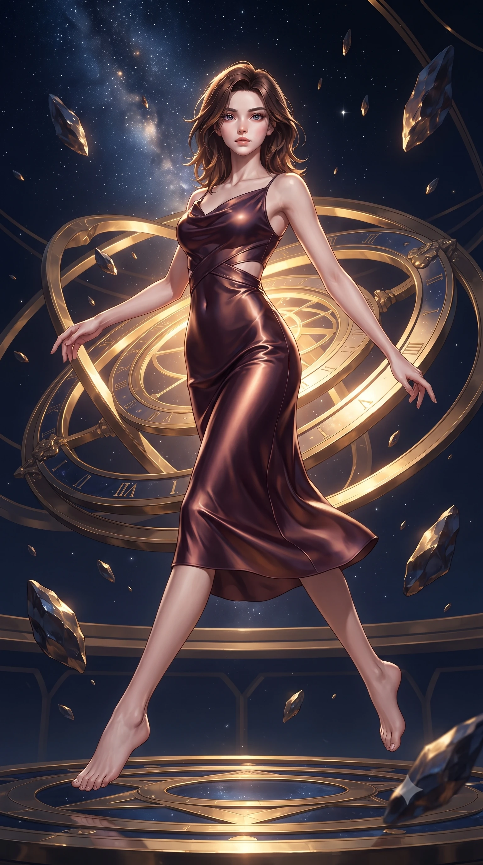 score_9, masterpiece, best quality, ultra-detailed, high-budget anime keyframe, editorial fashion photography, tasteful artistic composition, Korean woman. low angle full-body shot from head to toe showing her feet, filling the entire 9:16 vertical frame with her statuesque presence, stretching her vertical silhouette. leaping gracefully through the environment with statuesque elegance and long slender legs inside a floating cosmic observatory with golden astrolabe rings, floating meteor shards reflecting deep navy and gold hues. She has an absolutely perfect, statuesque 8.5-heads proportion, an exceptionally tall and slender model-like female figure with impossibly long slender legs and an ultra-slim waist. sharp v-shaped jawline, high-bridge nose, intricate jewel-like eyes with depth, thick eyelashes, glossy lips with a natural sheen. wearing an elegant cowl-neck satin midi dress with a draped neckline in deep burgundy and bronze, crafted from smooth liquid silk, featuring subtle geometric cutouts that highlight her ultra-slim midriff, the form-contouring material highlighting her ultra-slim waist and long lines. illuminated by brilliant starlight and warm golden inner glow from the astrolabe. ultra-reflective glossy finish, specular highlights, metallic sheen, high-contrast stereoscopic depth, volumetric dynamic lighting, 2k, ultra detail, master piece, 9:16 ratio