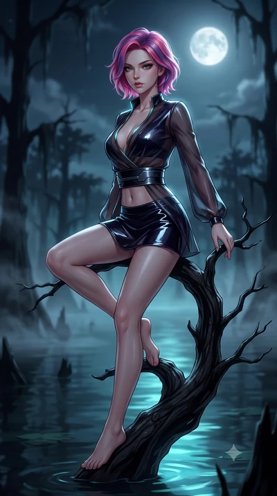 score_9, masterpiece, best quality, ultra-detailed, high-budget anime keyframe, semi-realistic 3D game render, editorial fashion photography, tasteful artistic composition, Caucasian woman. low angle full-body shot from head to toe showing her feet, 