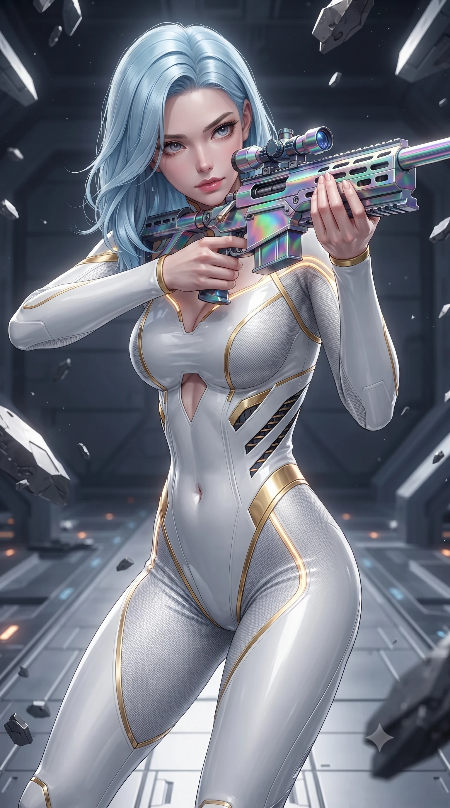 score_9, masterpiece, best quality, ultra-detailed, high-budget anime keyframe, editorial fashion photography, tasteful artistic composition, Korean woman. close-up cowboy shot from the waist and thighs up, the character dominates the composition, filling the frame with her large presence. twisting her upper body in a dynamic S-curve combat stance, one hand steadying her weapon with commanding supermodel allure while pivoting dynamically on a magnetic catwalk as floating zero-gravity metal debris and starlight frame her statuesque silhouette. The composition keeps background elements in soft focus with creamy bokeh. massive hangar blast doors and starship docking clamps softened in smooth atmospheric depth of field. She has an exceptionally elegant, slender, and willowy female figure with an ultra-slim waist, a gracefully sculpted slender torso, toned flat midriff, and a refined slim silhouette. sharp v-shaped jawline, high-bridge nose, intricate jewel-like eyes with depth, thick eyelashes, glossy lips with a natural sheen, flawlessly proportioned anatomical accuracy, strict slender model proportions, natural body alignment, perfectly sculpted long slender limbs, ultra-slim waistline, clean dynamic posture without body distortion. wearing a form-contouring arctic white carbon-composite battle-suit with solar gold trim and diagonal midriff vents, aiming a precision carbon-fiber railgun sniper rifle with divine focus in high-gloss iridescent rainbow carbon with prism holographic sheen, tailored from flexible second-skin carbon-mesh that clings flawlessly to her athletic curves, accented with glowing fiber-optic conduits tracing her collarbones and hip curves, the precision-cut daring openings accentuating her delicate midriff, graceful bare collarbones, and ultra-slim feminine waistline. surrounded by an awe-inspiring, calm, and radiantly deadly orbital sharpshooter goddess aura. ultra-reflective glossy finish, specular highlights, dark metallic sheen, high-contrast stereoscopic depth, volumetric dynamic lighting, 2k, ultra detail, master piece, 9:16 ratio