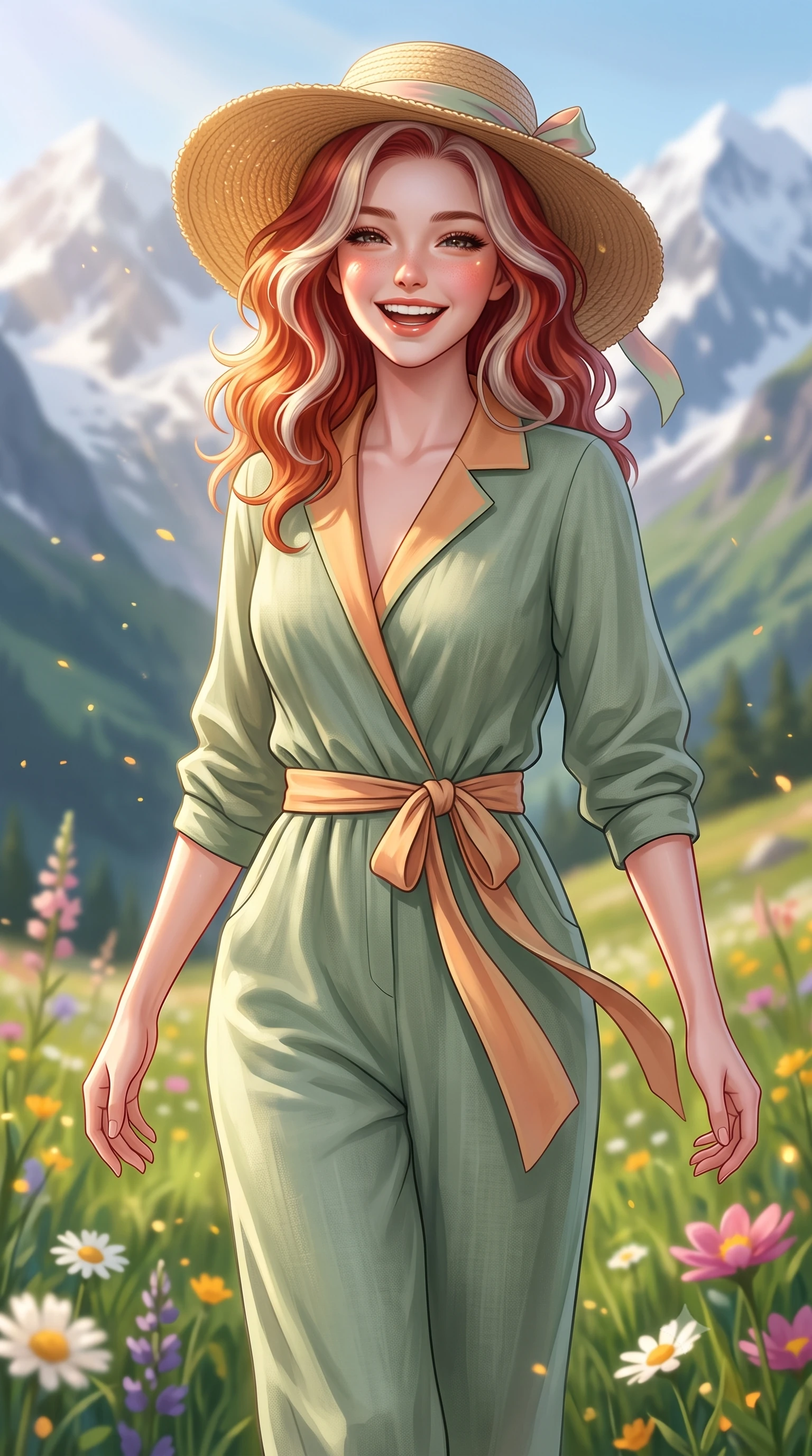 score_9, masterpiece, best quality, ultra-detailed, high-budget anime keyframe, semi-realistic 3D game render, editorial fashion photography, tasteful artistic composition, Caucasian woman. close-up cowboy shot from the waist and thighs up, the character dominates the composition, filling the frame with her large presence. laughing cheerfully with genuine delight, eyes crinkling sweetly as natural golden sunlight illuminates her glowing cheeks while strolling gracefully through vibrant alpine wildflower fields under dramatic snow-capped peaks with a beaming bright smile. The composition keeps background elements in soft focus with creamy bokeh. sparkling mountain breeze sunbeams and floating flower pollen scattering warm dreamy light motes. She has an exceptionally elegant, slender, and willowy female figure with an ultra-slim waist, a gracefully sculpted slender torso, toned flat midriff, and a refined slim silhouette. sharp v-shaped jawline, high-bridge nose, intricate jewel-like eyes with depth, thick eyelashes, glossy lips with a natural sheen, pure and lovely fresh girlhood expression, flawlessly proportioned anatomical accuracy, strict slender model proportions, natural body alignment, perfectly sculpted long slender limbs, ultra-slim waistline, clean dynamic posture without body distortion. wearing a relaxed sage green linen jumpsuit with a tied waist sash and folded collar in warm apricot and sage green, tailored from soft pastel lightweight wool blend with subtle texture, paired with a wide-brim woven straw hat tied with a pastel ribbon, the soft airy drape swaying gracefully with her dynamic movements, emphasizing her tall willowy build and slim waistline. illuminated by warm golden sunbeams streaming across lush green mountain slopes. highly saturated vibrant anime colors, detailed shading with soft gradients, rich glossy textures, high-contrast stereoscopic depth, volumetric dynamic lighting, master piece, 9:16 ratio