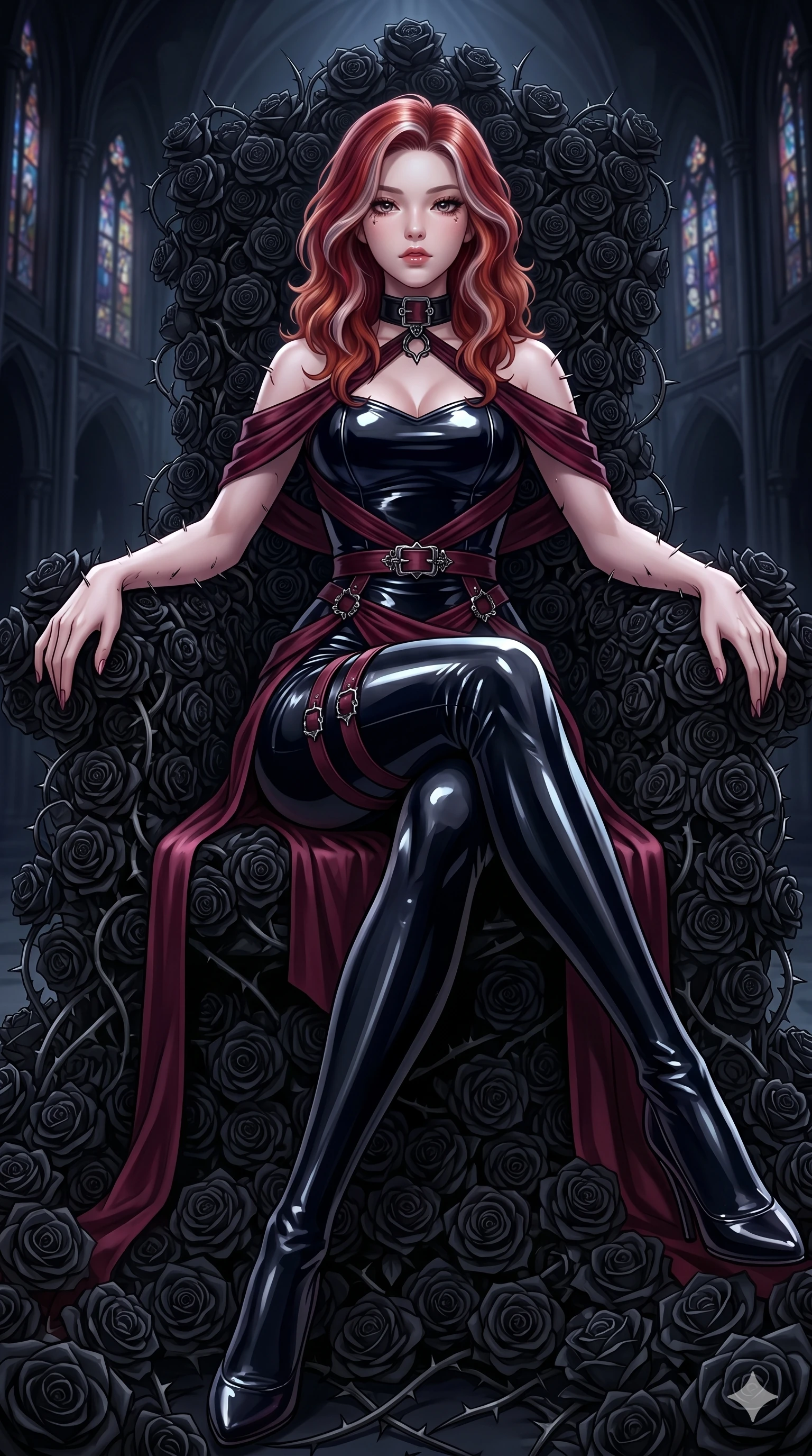 score_9, masterpiece, best quality, ultra-detailed, High-budget Anime Keyframe, East Asian woman. Dynamic full-body shot stretching the vertical silhouette to the limit. Scenario 190: Resting on a throne of black roses, thorns grazing her skin. Her presence is magnetic and overpowering in this high-budget anime scene. Outfit 190: A patent leather decorative silk bands with a artistically draped detail and metallic buckles. The clothing is designed to emphasize her exceptionally tall and slender 8-heads proportion. 8-heads proportion, towering silhouette, ultra-slim waist. sharp v-shaped jawline, intricate jewel-like eyes with depth, thick eyelashes, glossy lips. 2k, ultra detail, master piece, 9:16 ratio
