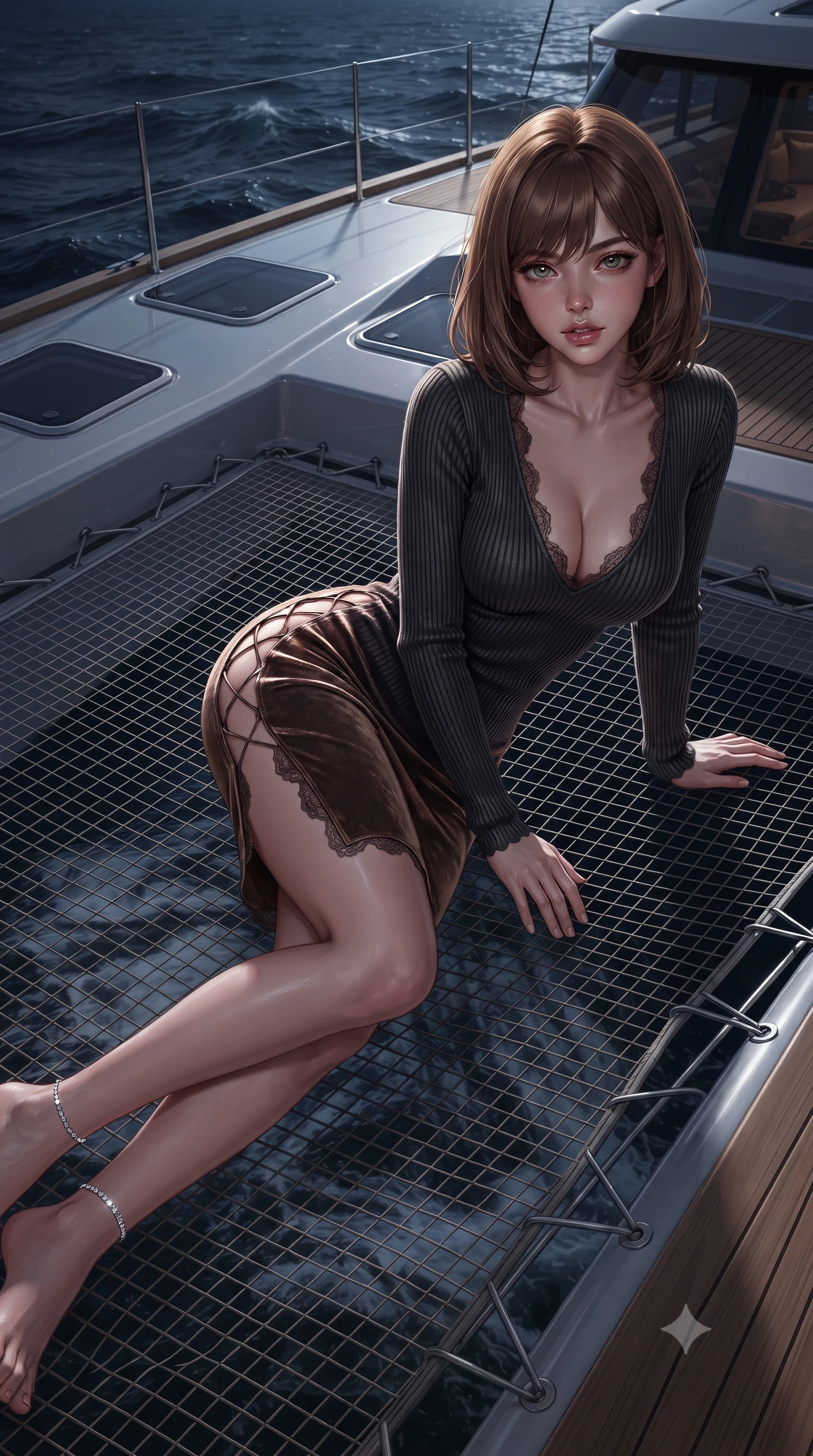 score_9, masterpiece, best quality, ultra-detailed, high-budget anime keyframe, editorial fashion photography, tasteful artistic composition, Caucasian woman. close-up cowboy shot from the waist and thighs up, the character dominates the composition, filling the frame with her large presence. leaning forward while arching her lower back to accentuate her curvy hips, looking into the camera with an intoxicating smoldering gaze and bedroom-eyes while reclining across the oversized forward trampoline netting between the twin hulls, arching her back with sensual siren ease as dark waves rush underneath. The surrounding environment is rendered in vivid detail and crisp panoramic clarity: detailed plunge-front silk satin romper cling, diamond anklet glint, and naval architecture engineering in high resolution. She has an exceptionally elegant, slender, and willowy female figure with an ultra-slim waist, flat toned midriff, narrow ribcage, and sculpted feminine hips creating an alluring, slim hourglass silhouette without bulk. sharp v-shaped jawline, high-bridge nose, sparkling eyes with hypnotic seductive depth, thick curled eyelashes, glossy parted lips with a natural dewy peach sheen, alluring bedroom-eyes with an enchanting coquettish smile, exuding magnetic siren charisma and sophisticated glamour, flawlessly proportioned anatomical accuracy, strict slender model proportions, natural body alignment, perfectly sculpted long slender limbs, ultra-slim waistline, clean dynamic posture without body distortion. wearing a plunging V-neck fine rib-knit sweater dress with daring side-lace openings tracing her hip curve in Ayung volcanic charcoal and molten bronze, tailored from ultra-plush velvet with rich tactile depth and deep shadow gradients, finished with scalloped eyelash lace trim framing her sweetheart neckline with intimate elegance, the high-slit wrap tailoring accentuating her ultra-slim waistline and the enchanting curve of her feminine hips with alluring seductive charm. bathed in subtle warm teak deck courtesy LEDs combined with pure silver full moonlight reflecting off open water. ultra-reflective glossy finish, specular highlights, rich textural contrasts, high-contrast stereoscopic depth, volumetric dynamic lighting, 2k, ultra detail, master piece, 9:16 ratio