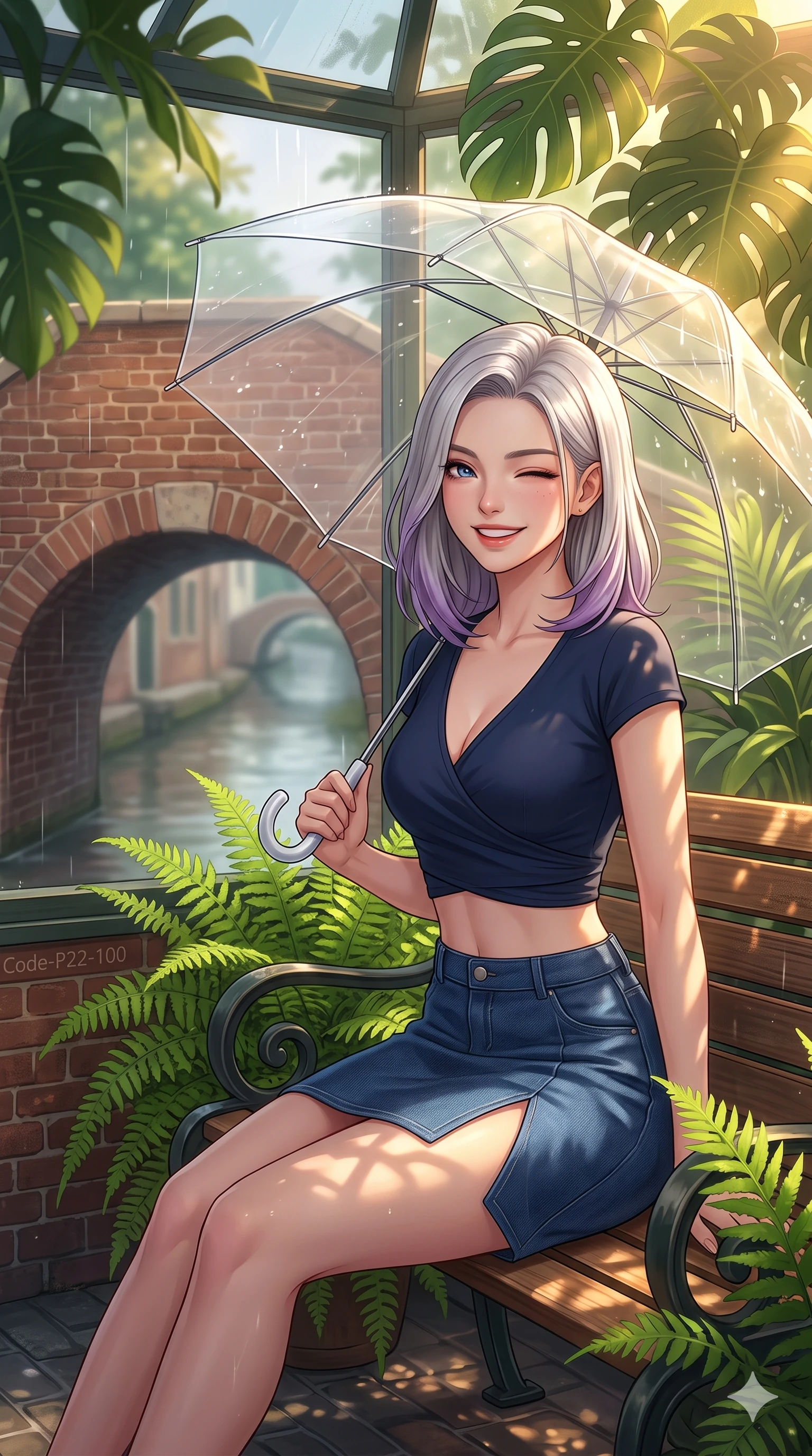 score_9, masterpiece, best quality, ultra-detailed, high-budget anime keyframe, vibrant anime aesthetic, Caucasian woman, strictly human ears. close-up cowboy shot from the waist and thighs up, the character dominates the composition, filling the frame with her large presence, background elements kept in soft focus. She is sitting on a vintage bench, winking with a playful and bright expression, her eyes shining with genuine joy standing amidst vibrant green ferns. standing on a vintage brick arch bridge over a quiet canal, under a clear umbrella during a soft drizzle (Code-P22-100). She has an absolutely perfect proportion, an exceptionally elegant and slender female figure with an ultra-slim waist. V-shaped jawline, high-bridge nose, intricate jewel-like eyes with depth, thick eyelashes, glossy lips with a natural sheen. wearing a cropped wrap top and a matching denim skirt with a refined side vent in midnight blue. She is drenched in warm, golden afternoon sunbeams filtering through dense green monstera leaves, creating a cinematic, high-budget anime lighting effect inside the glass pavilion. 2k, ultra detail, master piece, 9:16 ratio