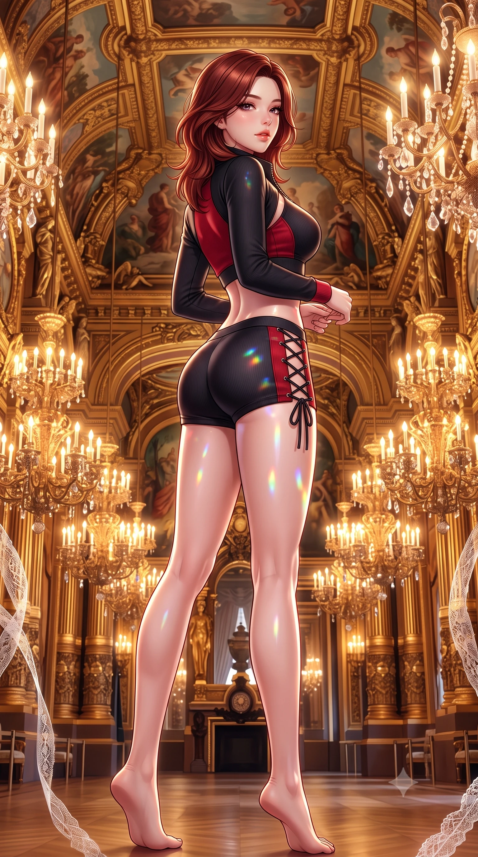 score_9, masterpiece, best quality, ultra-detailed, high-budget anime keyframe, semi-realistic 3D game render, editorial fashion photography, tasteful artistic composition, Korean woman. low angle full-body shot from head to toe showing her feet, filling the entire 9:16 vertical frame with her statuesque presence, stretching her vertical silhouette. executing a slow, graceful pivot turn as her skirt sways around her slender legs, glancing back with an enchanting, teasing sensual expression while twisting her slender torso in an alluring contrapposto stance, shimmering crystal chandelier refractions dancing across her curves. The surrounding environment is rendered in vivid detail and crisp panoramic clarity: detailed ballet leotard satin weave, delicate lace ribbons, and historic French opera architecture in razor-sharp precision. She has an absolutely perfect, statuesque 8.5-heads proportion, an exceptionally tall and slender model-like female figure with impossibly long slender legs, an ultra-slim waist, a flat toned midriff, narrow delicate ribcage, and beautifully sculpted feminine hips creating a graceful, slim hourglass silhouette without any bulky heaviness. sharp v-shaped jawline, high-bridge nose, sparkling eyes with hypnotic seductive depth, thick curled eyelashes, glossy parted lips with a natural dewy peach sheen, alluring bedroom-eyes with an enchanting coquettish smile, exuding magnetic siren charisma and sophisticated glamour, flawlessly proportioned anatomical accuracy, strict slender model proportions, natural body alignment, perfectly sculpted long slender limbs, ultra-slim waistline, clean dynamic posture without body distortion. wearing a modern two-piece tactical siren set featuring a zip-front bolero jacket and curve-hugging compression hot-pants in matte obsidian black and tactical crimson red with gunmetal hardware, tailored from fine ribbed modal knit with gentle elastic contouring and soft hand-feel, finished with fine criss-cross lace-up side ties revealing tantalizing glimpses of her hip curve, the glove-like clinging cut tightly following the natural contour of her hips and long slender legs with youthful 8.5-heads elegance. bathed in the warm radiant brilliance of thousands of crystal chandelier electric candles. highly saturated vibrant anime colors, detailed shading with soft gradients, rich glossy textures, high-contrast stereoscopic depth, volumetric dynamic lighting, master piece, 9:16 ratio