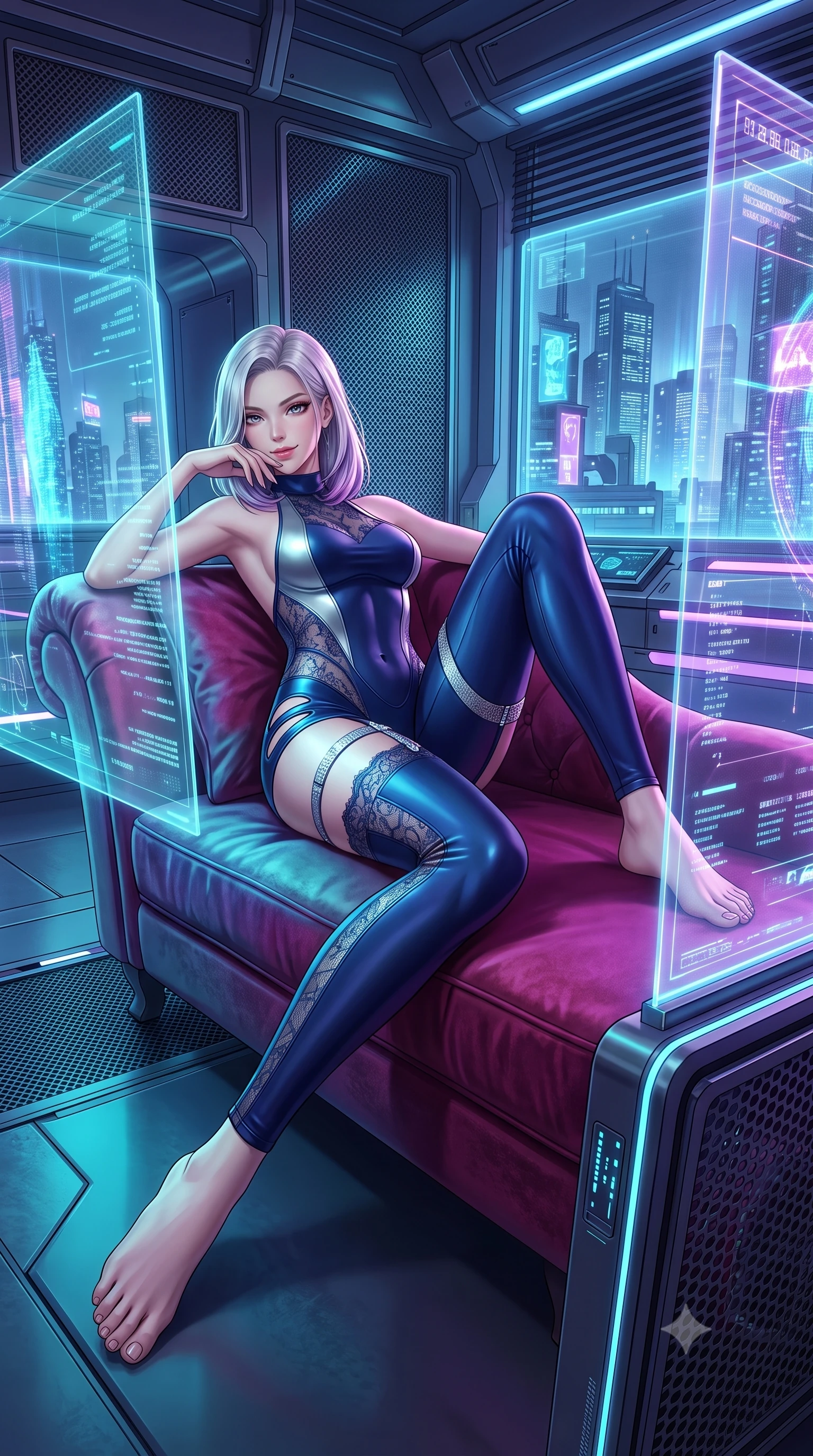 score_9, masterpiece, best quality, ultra-detailed, high-budget anime keyframe, semi-realistic 3D game render, editorial fashion photography, tasteful artistic composition, Caucasian woman. low angle full-body shot from head to toe showing her feet, filling the entire 9:16 vertical frame with her statuesque presence, stretching her vertical silhouette. reclining gracefully across the plush chaise lounge with one leg extended, her sculpted silhouette and flat midriff radiating magnetic nocturnal glamour while standing poised between transparent glass projection displays with hips cocked back, blue data streams illuminating her hourglass contours. The surrounding environment is rendered in vivid detail and crisp panoramic clarity: detailed mesh panel bodysuit weave, glowing LED accents on hardware, and futuristic architecture in razor-sharp precision. She has an absolutely perfect, statuesque 8.5-heads proportion, an exceptionally tall and slender model-like female figure with impossibly long slender legs, an ultra-slim waist, a flat toned midriff, narrow delicate ribcage, and beautifully sculpted feminine hips creating a graceful, slim hourglass silhouette without any bulky heaviness. sharp v-shaped jawline, high-bridge nose, sparkling eyes with hypnotic seductive depth, thick curled eyelashes, glossy parted lips with a natural dewy peach sheen, alluring bedroom-eyes with an enchanting coquettish smile, exuding magnetic siren charisma and sophisticated glamour, flawlessly proportioned anatomical accuracy, strict slender model proportions, natural body alignment, perfectly sculpted long slender limbs, ultra-slim waistline, clean dynamic posture without body distortion. wearing a backless plunge-front second-skin stealth jumpsuit with fluid tapered legs and laser-cut hip ventilation in deep sapphire navy and metallic silver with holographic trims, made of delicate semi-sheer French Chantilly lace with intricate eyelash edges, finished with delicate crystal-encrusted thigh garter straps glinting under the lights, the second-skin tailored fabric adhering flawlessly to her sculpted flat midriff and slender torso, emphasizing her long leg lines and perfectly proportioned willowy build. bathed in dynamic cyan and ultraviolet illumination radiating from giant holographic displays. highly saturated vibrant anime colors, detailed shading with soft gradients, rich glossy textures, high-contrast stereoscopic depth, volumetric dynamic lighting, master piece, 9:16 ratio