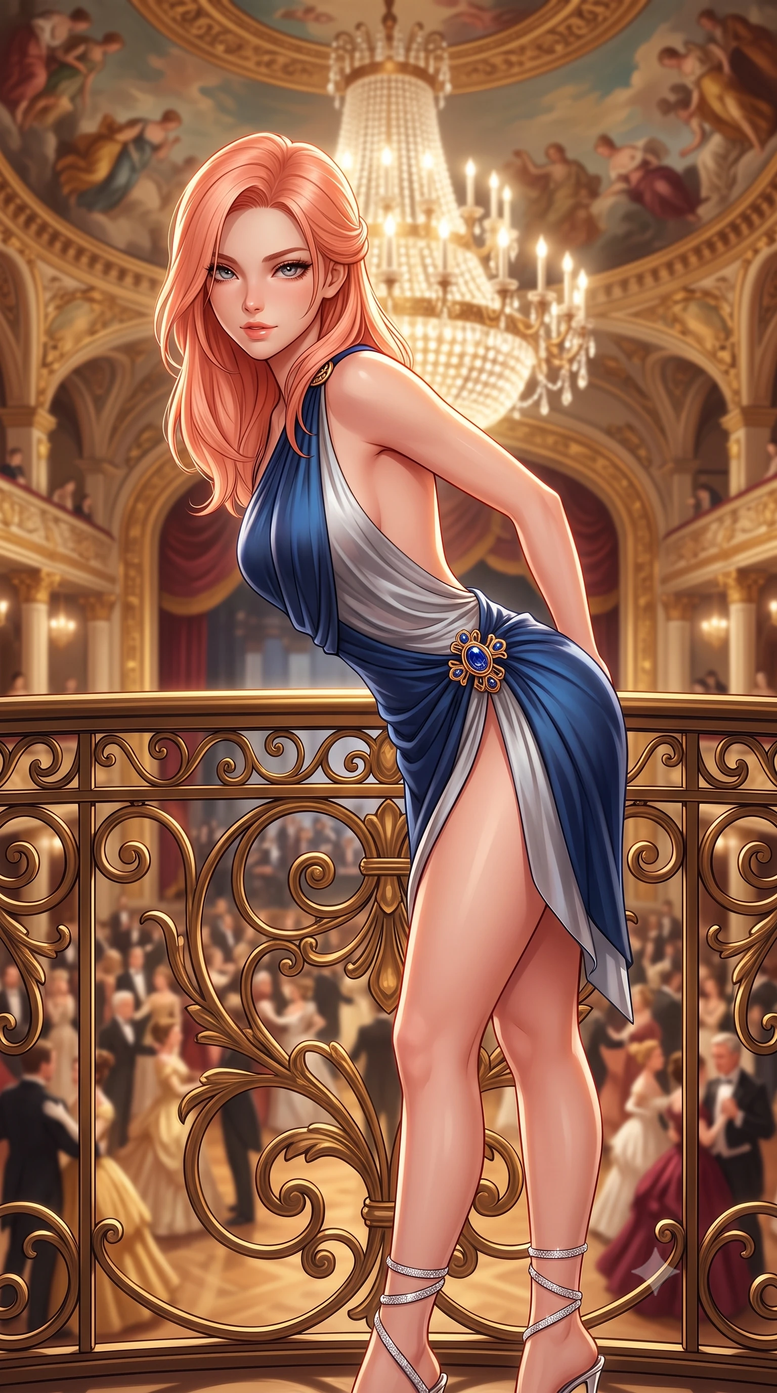 score_9, masterpiece, best quality, ultra-detailed, high-budget anime keyframe, semi-realistic 3D game render, editorial fashion photography, tasteful artistic composition, Japanese woman. close-up cowboy shot from the waist and thighs up, the character dominates the composition, filling the frame with her large presence. leaning forward while arching her lower back to accentuate her curvy hips, looking into the camera with an intoxicating smoldering gaze and bedroom-eyes while standing framed against the ornate gilded wrought-iron balcony overlooking the grand ballroom, arching her spine with majestic royal siren presence. The background shows a soft-focus monumental two-story Bohemian crystal chandelier, hand-painted allegorical ceiling frescoes, and dancing aristocratic crowd blurred into gold, ivory, and burgundy bokeh. She has an exceptionally elegant, slender, and willowy female figure with an ultra-slim waist, flat toned midriff, narrow ribcage, and sculpted feminine hips creating an alluring, slim hourglass silhouette without bulk. sharp v-shaped jawline, high-bridge nose, sparkling eyes with hypnotic seductive depth, thick curled eyelashes, glossy parted lips with a natural dewy peach sheen, alluring bedroom-eyes with an enchanting coquettish smile, exuding magnetic siren charisma and sophisticated glamour, flawlessly proportioned anatomical accuracy, strict slender model proportions, natural body alignment, perfectly sculpted long slender limbs, ultra-slim waistline, clean dynamic posture without body distortion. wearing a draped Greek-goddess style silk chiffon mini toga dress with an open back and golden hip fibula in Monte Carlo sapphire and liquid platinum, tailored from fine structural neoprene with crisp architectural edges and smooth contouring, complemented by strappy stiletto sandals with crystal ankle wraps accentuating her slender calves, the high-slit wrap tailoring accentuating her ultra-slim waistline and the enchanting curve of her feminine hips with alluring seductive charm. illuminated by gilded surface bounce and sharp platinum-gold rim lights sculpting her jawline, flat midriff, and voluptuous hip curves. highly saturated vibrant anime colors, detailed shading with soft gradients, rich glossy textures, high-contrast stereoscopic depth, volumetric dynamic lighting, master piece, 9:16 ratio