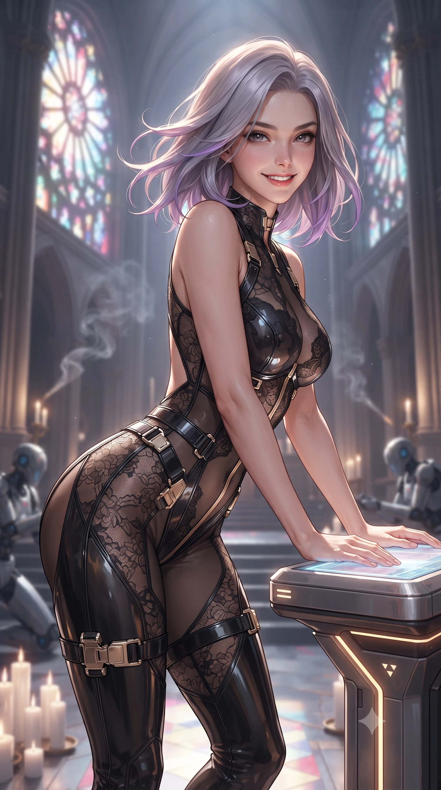 score_9, masterpiece, best quality, ultra-detailed, high-budget anime keyframe, editorial fashion photography, tasteful artistic composition, Caucasian woman. close-up cowboy shot from the waist and thighs up, the character dominates the composition, filling the frame with her large presence. resting both hands lightly on the holoscreen pedestal while leaning toward the lens with a teasing smirk, her tight combat suit hugging her narrow waist and feminine hip curve while standing centered in the soaring nave beneath monumental holographic rose windows, arching her spine with divine cybernetic majesty. The background shows a soft-focus incense smoke curling through laser beams and kneeling drone acolytes softened in transcendent techno-religious shallow focus. She has an exceptionally elegant, slender, and willowy female figure with an ultra-slim waist, flat toned midriff, narrow ribcage, and sculpted feminine hips creating an alluring, slim hourglass silhouette without bulk. sharp v-shaped jawline, high-bridge nose, intricate jewel-like sparkling eyes with depth, thick eyelashes, glossy parted lips with a natural sheen, bright confident smile with an enchanting and coquettish sensual glint, exuding both youthful magnetic charm and sovereign high-tech allure, flawlessly proportioned anatomical accuracy, strict slender model proportions, natural body alignment, perfectly sculpted long slender limbs, ultra-slim waistline, clean dynamic posture without body distortion. wearing a sheer technical lace and carbon composite bodysuit with architectural cup boning and open back in glossy onyx black and warm champagne gold hardware, crafted from sheer technical cyber-lace reinforced with ultra-thin Kevlar threads, finished with polished chrome buckle hardware and modular magnetic holster clasps, the form-fitting tactical tailoring adhering flawlessly to her sculpted flat midriff and slender torso, emphasizing her long leg lines and perfectly proportioned willowy build. illuminated by altar floor candle LEDs and sharp gold-and-violet rim lighting sculpting her razor-sharp jawline, narrow waist, and curvy hips. ultra-reflective glossy finish, specular highlights, rich textural contrasts, high-contrast stereoscopic depth, volumetric dynamic lighting, 2k, ultra detail, master piece, 9:16 ratio