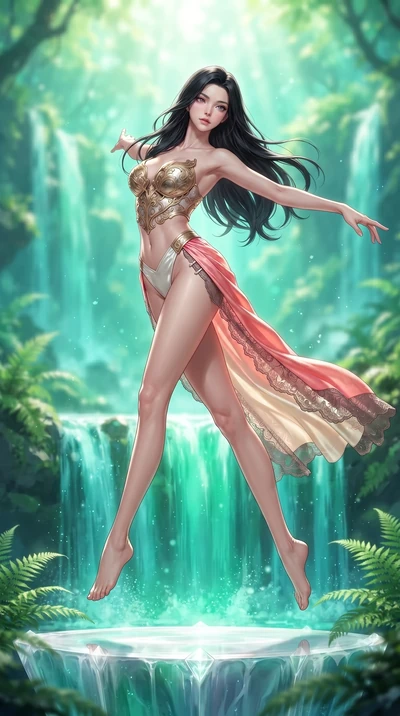 score_9, masterpiece, best quality, ultra-detailed, high-budget anime keyframe, editorial fashion photography, tasteful artistic composition, Korean woman. low angle full-body shot from head to toe showing her feet, filling the entire 9:16 vertical f