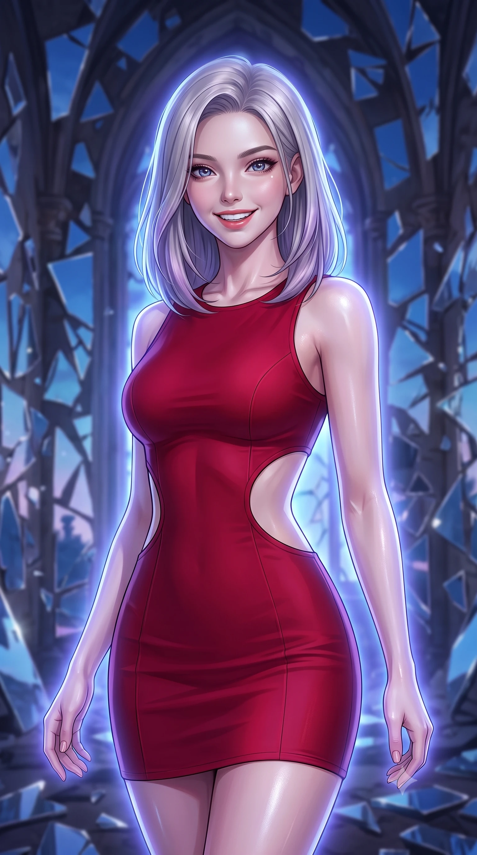 score_9, masterpiece, best quality, ultra-detailed, high-budget anime keyframe, editorial fashion photography, tasteful artistic composition, Caucasian woman, strictly human ears. close-up cowboy shot from the waist and thighs up, the character dominates the composition, filling the frame with her large presence, background elements kept in soft focus. Casting a bright, energetic glance toward the camera with a cheerful grin. set against a soft-focus background of standing inside an ancient Gothic ruin where the walls are made of shattered mirror shards, reflecting fragmented pieces of a deep blue sky. She has an exceptionally elegant, slender, and willowy female figure with a highly-defined ultra-slim waist, a gracefully sculpted slender torso, and a refined slim-fit silhouette that contours her form. sharp v-shaped jawline, high-bridge nose, intricate jewel-like eyes with depth, thick eyelashes, glossy lips with a natural sheen. wearing a structured bodycon dress in crimson red with strategic curved cutouts at the sides of the waist. cool ethereal blue-violet bioluminescent glow wrapping around her from all sides. 2k, ultra detail, master piece, 9:16 ratio