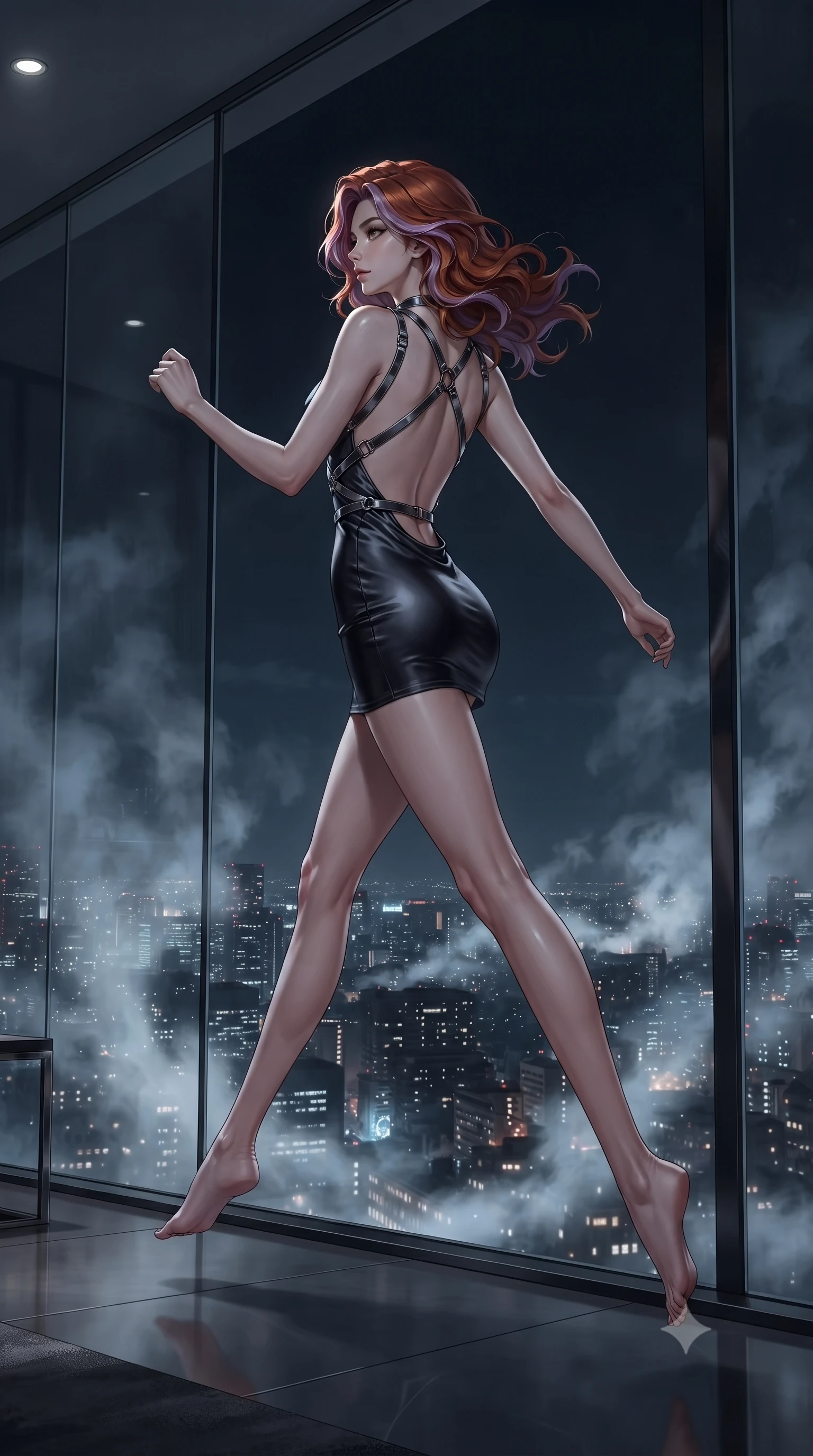 score_9, masterpiece, best quality, ultra-detailed, high-budget anime keyframe, editorial fashion photography, tasteful artistic composition, Caucasian woman. low angle full-body shot from head to toe showing her feet, filling the entire 9:16 vertical frame with her statuesque presence, stretching her vertical silhouette. leaping dynamically through the starry space, her posture full of power and elegance, looking out the floor-to-ceiling glass wall as nocturnal mist blankets the city below, soft swirling steam clouds creating painterly ethereal shadows around her form. She has an absolutely perfect, statuesque 8.5-heads proportion, an exceptionally tall and slender model-like female figure with impossibly long slender legs and an ultra-slim waist. sharp v-shaped jawline, high-bridge nose, intricate jewel-like eyes with depth, thick eyelashes, glossy lips with a natural sheen. wearing dramatically scooped backless dark satin mini dress with criss-cross chrome straps in pitch-black onyx, made of liquid dark mercury jersey, highlighted by a gunmetal metallic harness structure, contouring every curve with an exceptionally elegant silhouette. surrounded by a moody, intimate glow with sharp specular skin highlights. ultra-reflective glossy finish, specular highlights, metallic sheen, high-contrast stereoscopic depth, volumetric dynamic lighting, 2k, ultra detail, master piece, 9:16 ratio