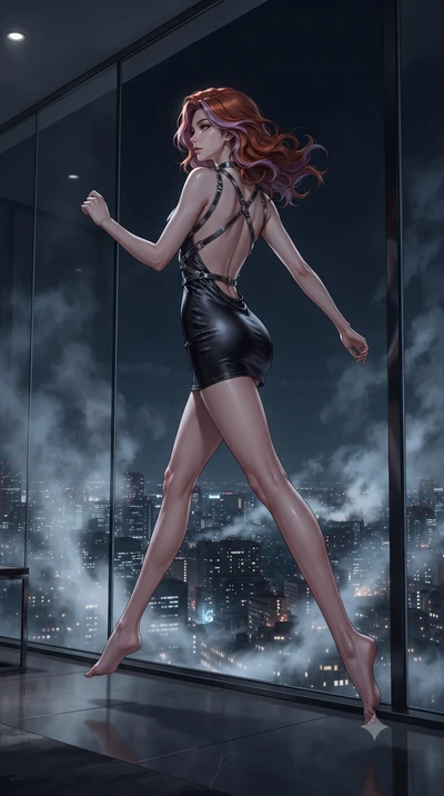 score_9, masterpiece, best quality, ultra-detailed, high-budget anime keyframe, editorial fashion photography, tasteful artistic composition, Caucasian woman. low angle full-body shot from head to toe showing her feet, filling the entire 9:16 vertica