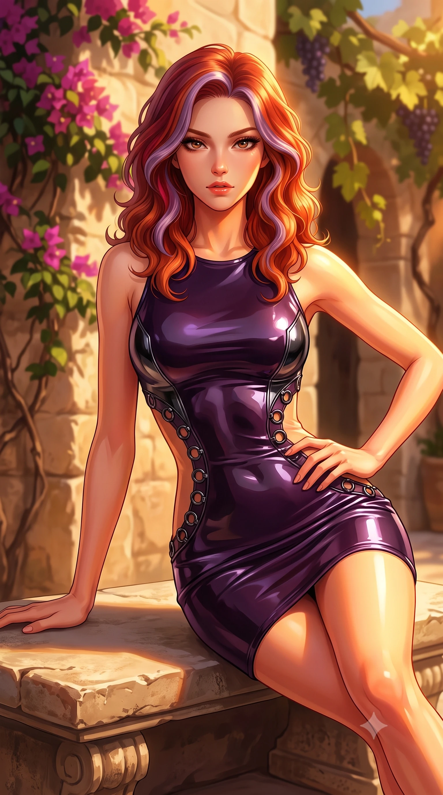 score_9, masterpiece, best quality, ultra-detailed, high-budget anime keyframe, editorial fashion photography, tasteful artistic composition, Caucasian woman. close-up cowboy shot from the waist and thighs up, the character dominates the composition, filling the frame with her large presence, background elements kept in soft focus. Holding a confident power pose with one hand on her hip, lounging on a stone bench surrounded by climbing bougainvillea and grapevines, intense golden-hour sunbeams casting warm amber light across her skin. She has an exceptionally elegant, slender, and willowy female figure with an ultra-slim waist, a gracefully sculpted slender torso, and a refined silhouette. sharp v-shaped jawline, high-bridge nose, intricate jewel-like eyes with depth, thick eyelashes, glossy lips with a natural sheen. wearing precision-fitted bodycon dress in high-gloss liquid vinyl in dark plum violet, made of sculpted obsidian metallic chrome, trimmed with dark chrome ring hardware along the waist contours, the fitted fabric emphasizing her ultra-slim waist. illuminated by rich amber daylight and warm fill light from stone walls. highly saturated vibrant anime colors, detailed shading with soft gradients, rich glossy textures, high-contrast stereoscopic depth, volumetric dynamic lighting, master piece, 9:16 ratio