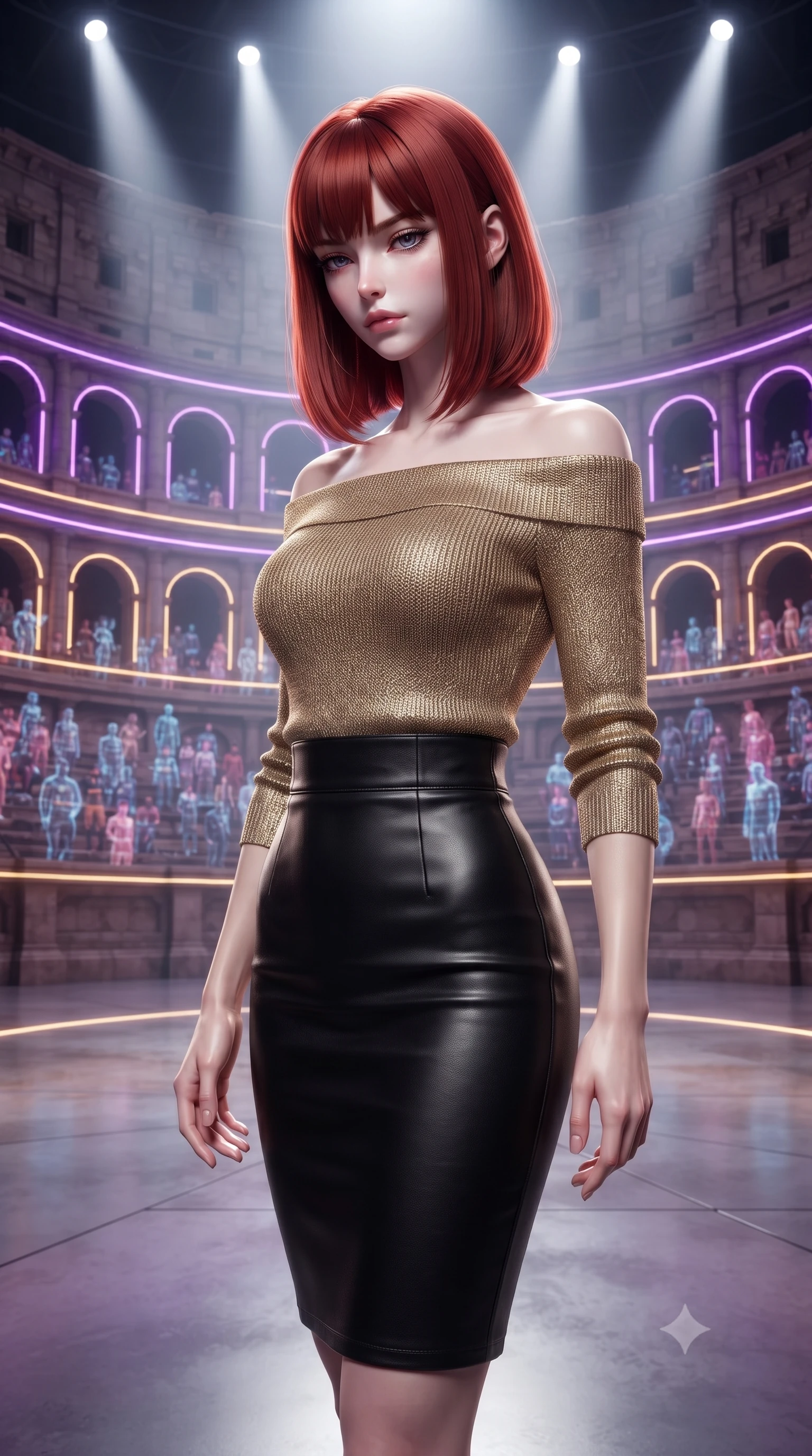 score_9, masterpiece, best quality, ultra-detailed, high-budget anime keyframe, editorial fashion photography, tasteful artistic composition, Caucasian woman, strictly human ears. close-up cowboy shot from the waist and thighs up, the character dominates the composition, filling the frame with her large presence, background elements kept in soft focus. Looking down with lowered lashes and a composed powerful expression. set against a soft-focus background of the Roman Colosseum reimagined as a futuristic entertainment arena with holographic spectators filling the ancient stone tiers neon light strips tracing every arch and the arena floor a smooth reflective surface. She has an exceptionally elegant and slender, willowy female figure with an ultra-slim waist, a gracefully sculpted slender torso, and a refined slim physique. sharp v-shaped jawline, high-bridge nose, intricate jewel-like eyes with depth, thick eyelashes, glossy lips with a natural sheen. wearing an off-shoulder gold metallic knit top, paired with a high-waisted black leather pencil skirt. dramatic arena lighting from above with intense white spots and neon accent strips in purple and gold outlining the ancient architecture with holographic spectator glow providing ambient fill. 2k, ultra detail, master piece, 9:16 ratio