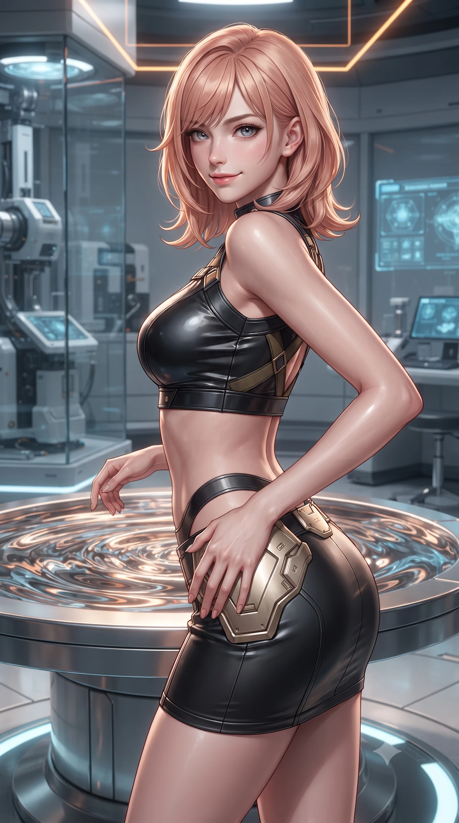 score_9, masterpiece, best quality, ultra-detailed, high-budget anime keyframe, editorial fashion photography, tasteful artistic composition, Japanese woman. close-up cowboy shot from the waist and thighs up, the character dominates the composition, filling the frame with her large presence. twisting her slender torso in an alluring contrapposto stance, one hand resting on her sculpted hip armor while glancing back with effortless sovereign poise while standing beside a mirror-like pool of swirling liquid metal nanobots, arching her lower back with a mesmerizing, teasing smile. The surrounding environment is rendered in vivid detail and crisp panoramic clarity: detailed carbon-plated suit weave, chrome specular reflections on skin, and futuristic nanotechnology laboratory in razor-sharp precision. She has an exceptionally elegant, slender, and willowy female figure with an ultra-slim waist, flat toned midriff, narrow ribcage, and sculpted feminine hips creating an alluring, slim hourglass silhouette without bulk. sharp v-shaped jawline, high-bridge nose, intricate jewel-like sparkling eyes with depth, thick eyelashes, glossy parted lips with a natural sheen, bright confident smile with an enchanting and coquettish sensual glint, exuding both youthful magnetic charm and sovereign high-tech allure, flawlessly proportioned anatomical accuracy, strict slender model proportions, natural body alignment, perfectly sculpted long slender limbs, ultra-slim waistline, clean dynamic posture without body distortion. wearing a body-hugging modern carbon-alloy crop top paired with a low-rise tactical skirt and a subtle waist cut-out in glossy onyx black and warm champagne gold hardware, tailored from brushed aeronautical titanium alloy with matte satin sheen, finished with criss-cross Kevlar tactical straps tracing her graceful shoulder blades, the high-waisted tailoring accentuating her ultra-slim waistline and the enchanting curve of her feminine hips with alluring dark charm. illuminated by overhead amber laser guides and sharp chrome rim lights sculpting her razor-sharp jawline, narrow waist, and curvy hips. ultra-reflective glossy finish, specular highlights, rich textural contrasts, high-contrast stereoscopic depth, volumetric dynamic lighting, 2k, ultra detail, master piece, 9:16 ratio