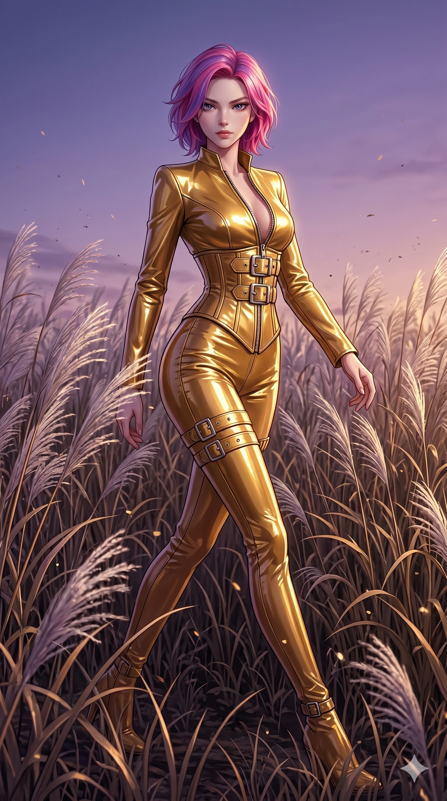 score_9, masterpiece, best quality, ultra-detailed, High-budget Anime Keyframe, East Asian woman. Dynamic full-body shot stretching the vertical silhouette to the limit. Scenario 78: Walking through a field of tall silver grass at twilight. Her presence is magnetic and overpowering in this high-budget anime scene. Outfit 78: A patent leather gold with a unzipped detail and metallic buckles. The clothing is designed to emphasize her exceptionally tall and slender 8-heads proportion. 8-heads proportion, towering silhouette, ultra-slim waist. sharp v-shaped jawline, intricate jewel-like eyes with depth, thick eyelashes, glossy lips. 2k, ultra detail, master piece, 9:16 ratio