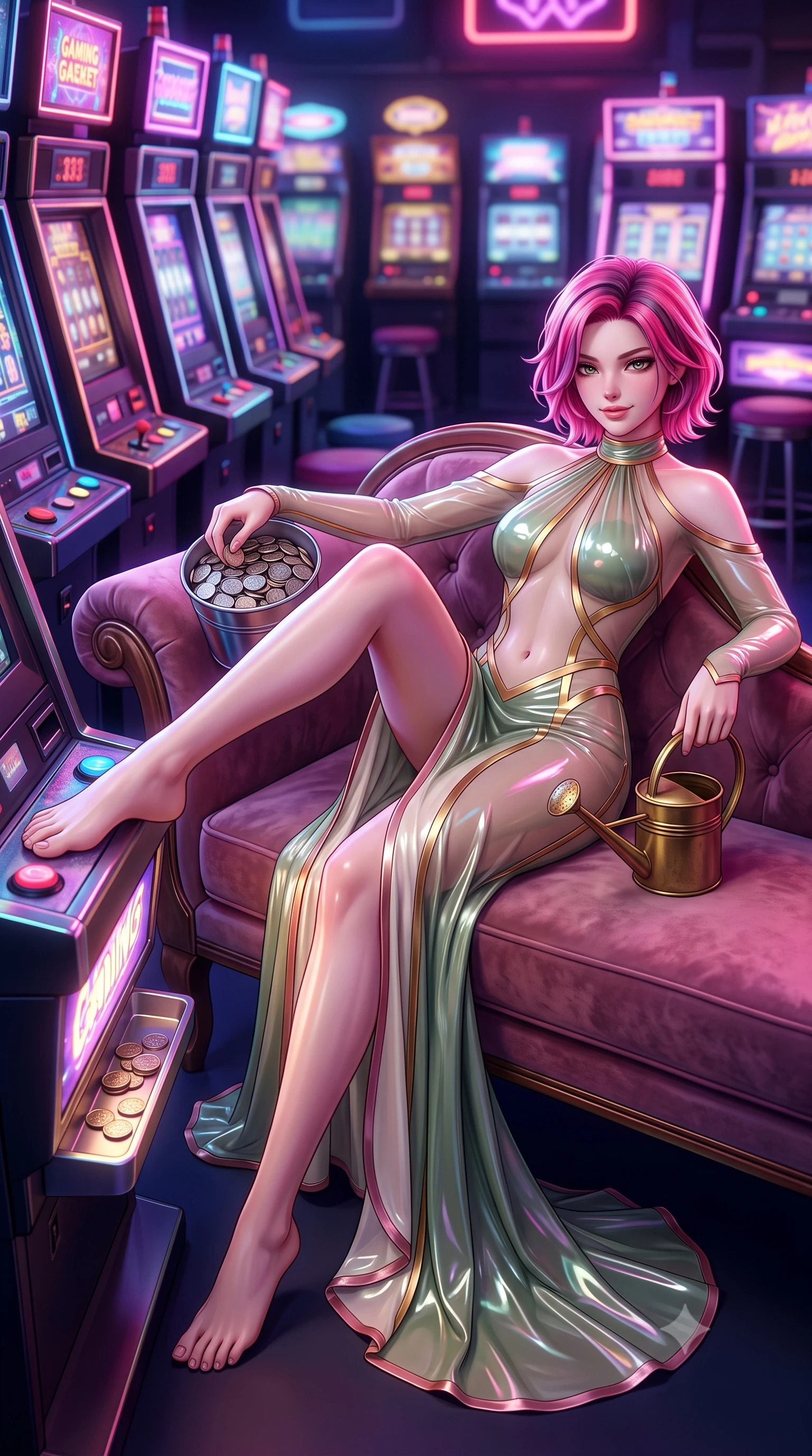 score_9, masterpiece, best quality, ultra-detailed, high-budget anime keyframe, semi-realistic 3D game render, editorial fashion photography, tasteful artistic composition, Caucasian woman. low angle full-body shot from head to toe showing her feet, filling the entire 9:16 vertical frame with her statuesque presence, stretching her vertical silhouette. reclining gracefully across the plush chaise lounge with one leg extended, her sculpted silhouette and flat midriff radiating magnetic nocturnal glamour while sitting perched on the machine stool with legs extended, holding a bucket of metallic prize tokens with an intoxicating bedroom-smile. The background shows a soft-focus coin tray glows softened in dynamic arcade shallow focus. She has an absolutely perfect, statuesque 8.5-heads proportion, an exceptionally tall and slender model-like female figure with impossibly long slender legs, an ultra-slim waist, a flat toned midriff, narrow delicate ribcage, and beautifully sculpted feminine hips creating a graceful, slim hourglass silhouette without any bulky heaviness. sharp v-shaped jawline, high-bridge nose, sparkling eyes with hypnotic seductive depth, thick curled eyelashes, glossy parted lips with a natural dewy peach sheen, alluring bedroom-eyes with an enchanting coquettish smile, exuding magnetic siren charisma and sophisticated glamour, flawlessly proportioned anatomical accuracy, strict slender model proportions, natural body alignment, perfectly sculpted long slender limbs, ultra-slim waistline, clean dynamic posture without body distortion. wearing a provocative sheer illusion mesh gown with liquid gold ribbons contouring her flat midriff and curvaceous hips in botanical sage green and pure pearlescent ivory with rose trims, crafted from wet-look high-gloss vinyl fabric with dazzling specular surface reflections, finished with an antique brass watering can held casually at her side, the second-skin tailored fabric adhering flawlessly to her sculpted flat midriff and slender torso, emphasizing her long leg lines and perfectly proportioned willowy build. bathed in rapid rhythmic multi-color neon pulses spilling from dozens of gaming machines. highly saturated vibrant anime colors, detailed shading with soft gradients, rich glossy textures, high-contrast stereoscopic depth, volumetric dynamic lighting, master piece, 9:16 ratio