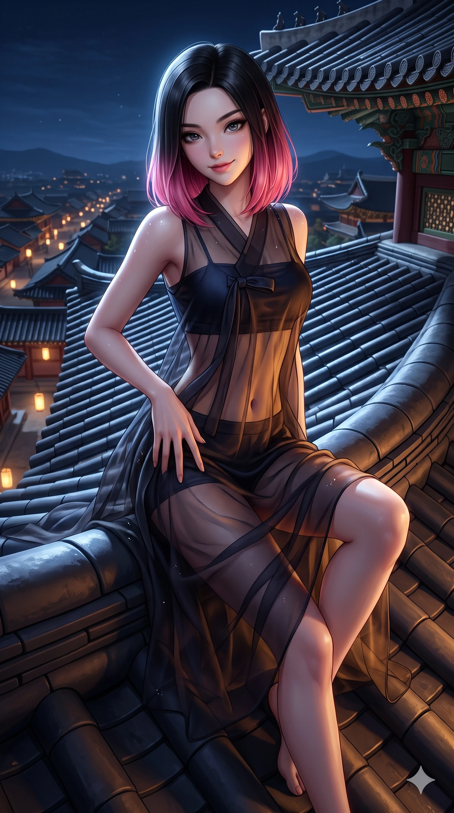 score_9, masterpiece, best quality, ultra-detailed, high-budget anime keyframe, semi-realistic 3D game render, editorial fashion photography, tasteful artistic composition, Korean woman. close-up cowboy shot from the waist and thighs up, the character dominates the composition, filling the frame with her large presence. tilting her head with a teasing half-smile, running one hand slowly down the side of her hip in a flirtatious S-curve as ambient light caresses her silhouette while perched on the curved hip of the clay-tiled palace roof with one knee drawn up, looking down at the moonlit kingdom with fearless bedroom-eyes. The surrounding environment is rendered in vivid detail and crisp panoramic clarity: detailed liquid metallic lamé plunge jumpsuit cling, side cutouts, and monumental palace roof engineering in razor-sharp clarity. She has an exceptionally elegant, slender, and willowy female figure with an ultra-slim waist, flat toned midriff, narrow ribcage, and sculpted feminine hips creating an alluring, slim hourglass silhouette without bulk. sharp v-shaped jawline, high-bridge nose, sparkling eyes with hypnotic seductive depth, thick curled eyelashes, glossy parted lips with a natural dewy peach sheen, alluring bedroom-eyes with an enchanting coquettish smile, exuding magnetic siren charisma and sophisticated glamour, flawlessly proportioned anatomical accuracy, strict slender model proportions, natural body alignment, perfectly sculpted long slender limbs, ultra-slim waistline, clean dynamic posture without body distortion. wearing a delicately layered semi-sheer gossamer nobang hanbok slip dress revealing her sculpted silhouette over an opaque micro-bandeau and briefs in midnight indigo and glowing lantern topaz, crafted from layered gossamer black nobang organza with weightless, smoky flutter, finished with glistening drops of night dew beading across her sculpted shoulders and flat midriff, the bespoke structured tailoring following the natural line of her 8.5-heads silhouette with refined elegance. bathed in high-contrast unhindered celestial moonlight casting crisp geometric shadows across curved clay tiles. highly saturated vibrant anime colors, detailed shading with soft gradients, rich glossy textures, high-contrast stereoscopic depth, volumetric dynamic lighting, master piece, 9:16 ratio