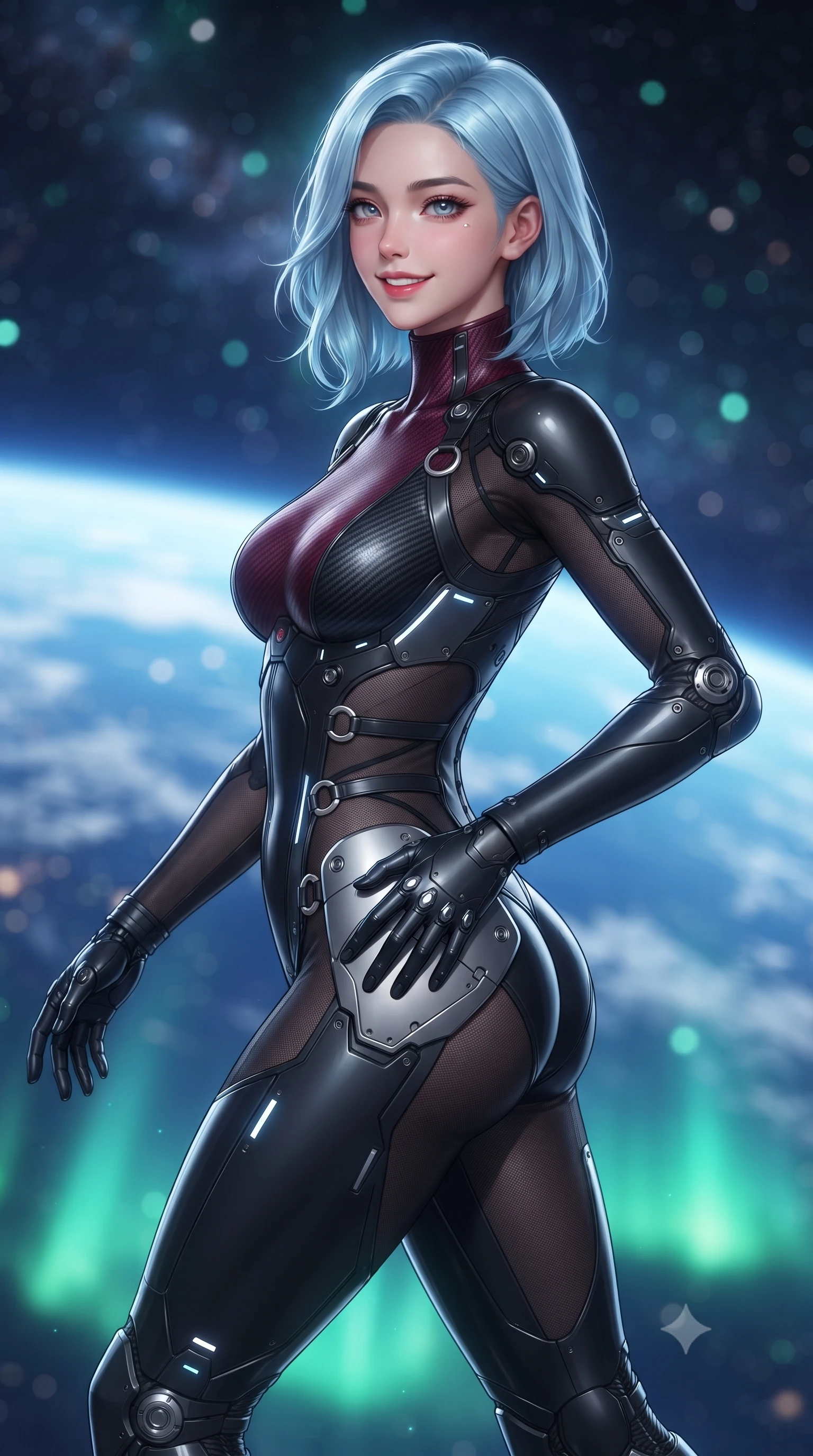 score_9, masterpiece, best quality, ultra-detailed, high-budget anime keyframe, editorial fashion photography, tasteful artistic composition, Korean woman. close-up cowboy shot from the waist and thighs up, the character dominates the composition, filling the frame with her large presence. twisting her slender torso in an alluring contrapposto stance, one hand resting on her sculpted hip armor while glancing back with effortless sovereign poise while pausing mid-stride with one hand touching her hip armor, her statuesque 8.5-heads silhouette commanding the vast cosmic panoramic vista. The background shows a soft-focus the luminous blue curvature of Earth and shimmering emerald polar auroras blurred into sapphire, turquoise, and starlight bokeh. She has an exceptionally elegant, slender, and willowy female figure with an ultra-slim waist, flat toned midriff, narrow ribcage, and sculpted feminine hips creating an alluring, slim hourglass silhouette without bulk. sharp v-shaped jawline, high-bridge nose, intricate jewel-like sparkling eyes with depth, thick eyelashes, glossy parted lips with a natural sheen, bright confident smile with an enchanting and coquettish sensual glint, exuding both youthful magnetic charm and sovereign high-tech allure, flawlessly proportioned anatomical accuracy, strict slender model proportions, natural body alignment, perfectly sculpted long slender limbs, ultra-slim waistline, clean dynamic posture without body distortion. wearing a form-contouring cybernetic combat suit in matte black latex and carbon fiber, tracing her willowy silhouette with a high neck in deep wine crimson and dark carbon weave, crafted from sheer technical cyber-lace reinforced with ultra-thin Kevlar threads, finished with sharp laser-cut side ventilation slits framed by silver hardware rings, the high-waisted tailoring accentuating her ultra-slim waistline and the enchanting curve of her feminine hips with alluring dark charm. bathed in soft celestial starlight and radiant emerald aurora glow from below. ultra-reflective glossy finish, specular highlights, rich textural contrasts, high-contrast stereoscopic depth, volumetric dynamic lighting, 2k, ultra detail, master piece, 9:16 ratio