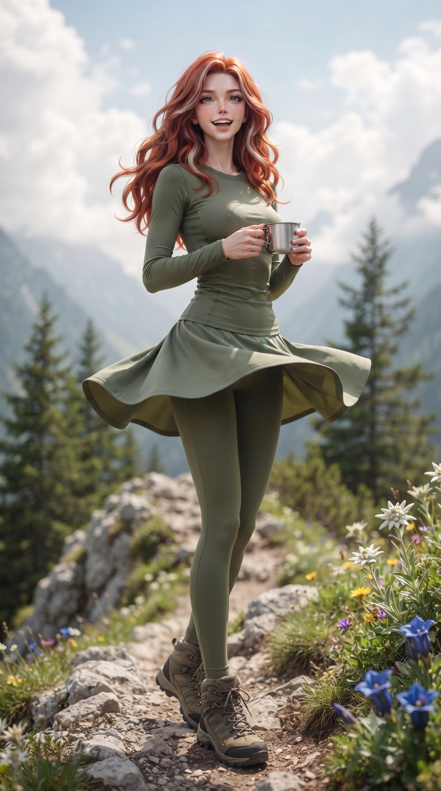 score_9, masterpiece, best quality, ultra-detailed, high-budget anime keyframe, editorial fashion photography, tasteful artistic composition, Caucasian woman. low angle full-body shot from head to toe showing her feet, filling the entire 9:16 vertical frame with her statuesque presence, stretching her vertical silhouette. twirling around with a playful, cute laugh, her skirt billowing beautifully in the air set against a soft-focus background of on a rocky ridge path with green pine trees and wildflowers with a small metal cup of fresh spring water held in her hands. She has an absolutely perfect, statuesque 8.5-heads proportion, an exceptionally tall and slender model-like female figure with impossibly long slender legs and an ultra-slim waist. sharp v-shaped jawline, high-bridge nose, intricate jewel-like eyes with depth, thick eyelashes, glossy lips with a natural sheen. wearing form-contouring tight-fitting athletic long-sleeve top in olive green, paired with form-contouring leggings. soft afternoon sunbeams filtering through passing white mountain clouds. ultra-reflective glossy finish, specular highlights, metallic sheen, high-contrast stereoscopic depth, volumetric dynamic lighting, 2k, ultra detail, master piece, 9:16 ratio