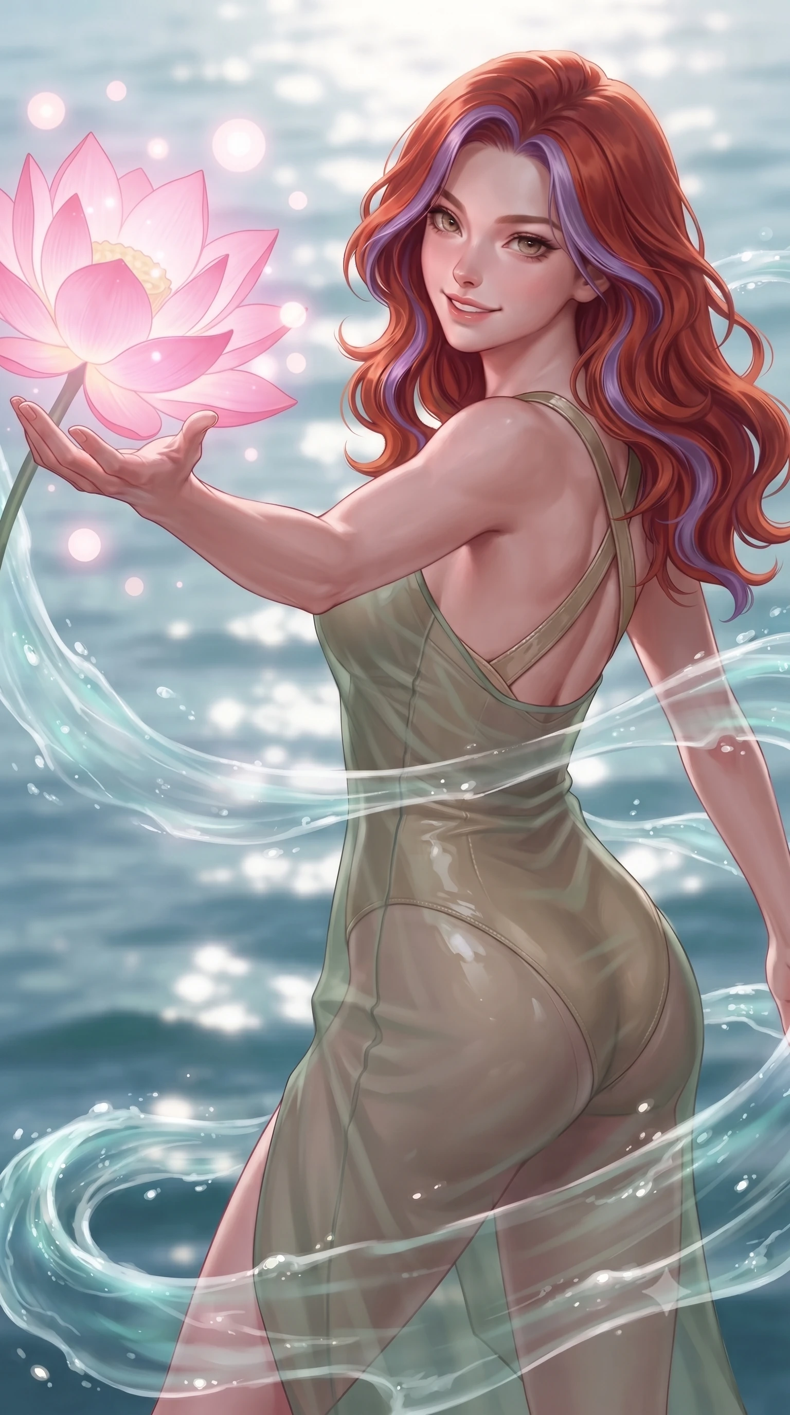 score_9, masterpiece, best quality, ultra-detailed, high-budget anime keyframe, editorial fashion photography, tasteful artistic composition, Caucasian woman. close-up cowboy shot from the waist and thighs up, the character dominates the composition, filling the frame with her large presence, background elements kept in soft focus. Extending one arm in an elegant stretch toward the light while smiling with magnetic self-assurance while reaching out to touch a giant bioluminescent pink lotus flower emitting soft light orbs, fluorescent water currents swirling smoothly around her slender limbs. She has an exceptionally elegant, slender, and willowy female figure with an ultra-slim waist, a gracefully sculpted slender torso, and a refined silhouette. sharp v-shaped jawline, high-bridge nose, intricate jewel-like eyes with depth, thick eyelashes, glossy lips with a natural sheen, flawlessly proportioned anatomical accuracy, natural body alignment, perfectly sculpted elegant limbs, clean dynamic posture without body distortion. wearing a semi-opaque sheer overlay dress over a leather micro-bodysuit in sage green and oatmeal, tailored from high-gloss patent leather, complemented by criss-cross back straps highlighting her bare shoulders, the tailored fabric tightly following every curve of her athletic build. surrounded by a shimmering ocean aura with bright specular rim lights. ultra-reflective glossy finish, specular highlights, metallic sheen, high-contrast stereoscopic depth, volumetric dynamic lighting, 2k, ultra detail, master piece, 9:16 ratio