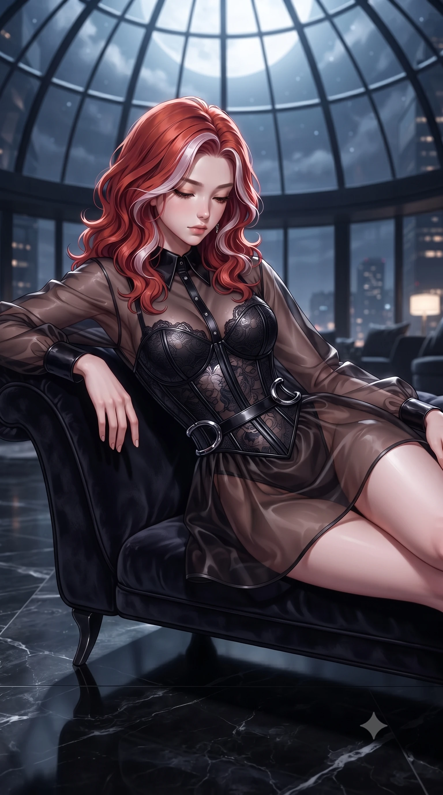 score_9, masterpiece, best quality, ultra-detailed, high-budget anime keyframe, editorial fashion photography, tasteful artistic composition, Caucasian woman. close-up cowboy shot from the waist and thighs up, the character dominates the composition, filling the frame with her large presence, background elements kept in soft focus. Looking down with lowered lashes and a composed, powerful dark aura, resting on a dark velvet chaise lounge under a massive glass sky dome at 2 AM, dark polished marble floor reflecting her silhouette like black glass. She has an exceptionally elegant, slender, and willowy female figure with an ultra-slim waist, a gracefully sculpted slender torso, and a refined silhouette. sharp v-shaped jawline, high-bridge nose, intricate jewel-like eyes with depth, thick eyelashes, glossy lips with a natural sheen. wearing translucent dark organza mini dress over structured black lace corset in pitch-black onyx, made of polished black leather, accented with sculpted obsidian chrome rings at the waist, the fitted fabric emphasizing her ultra-slim waist. illuminated by brilliant cold silver moonlight and deep obsidian shadows. highly saturated vibrant anime colors, detailed shading with soft gradients, rich glossy textures, high-contrast stereoscopic depth, volumetric dynamic lighting, master piece, 9:16 ratio