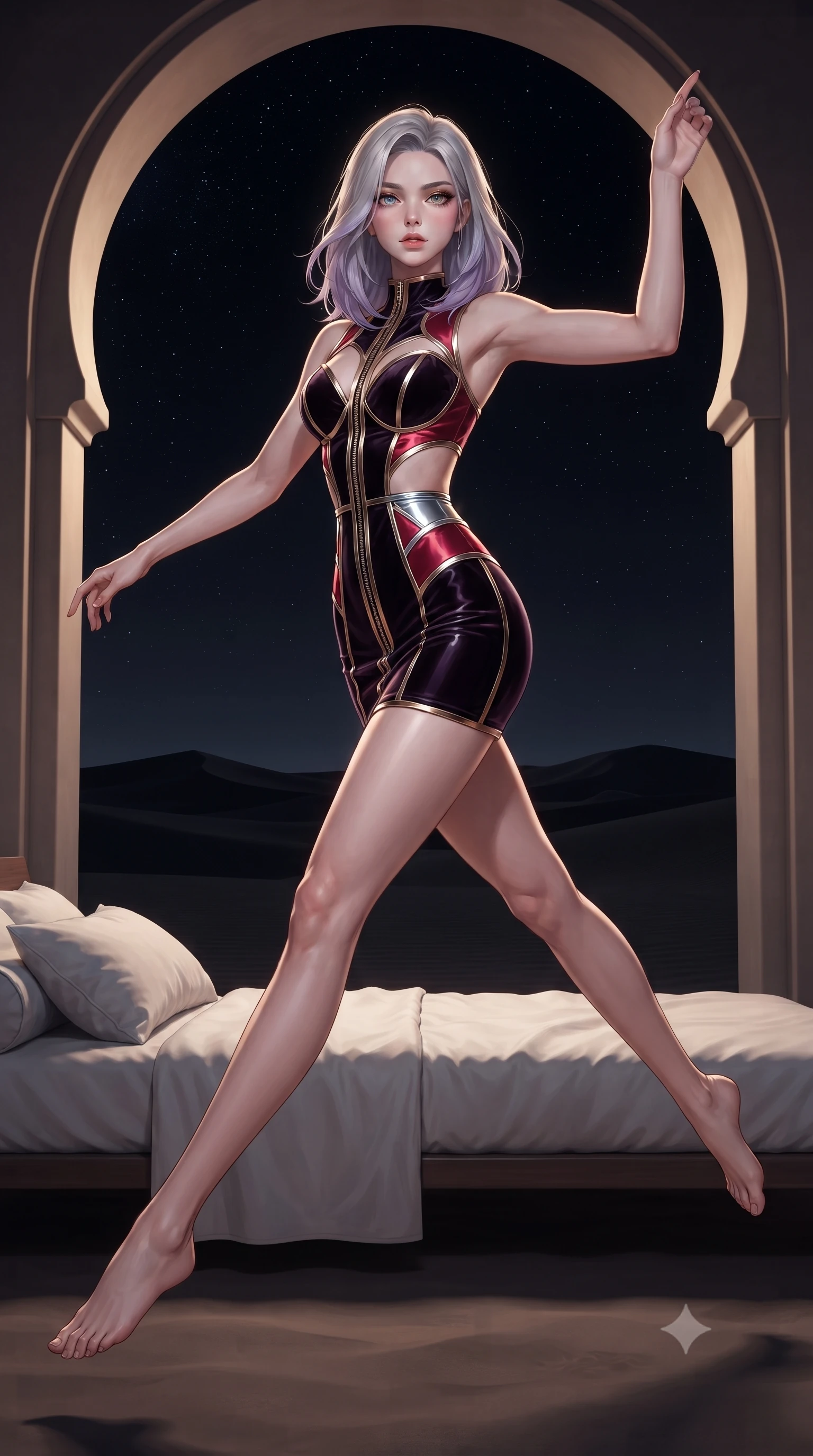 score_9, masterpiece, best quality, ultra-detailed, high-budget anime keyframe, editorial fashion photography, tasteful artistic composition, Caucasian woman. low angle full-body shot from head to toe showing her feet, filling the entire 9:16 vertical frame with her statuesque presence, stretching her vertical silhouette. leaping dynamically through the starry space, her posture full of power and elegance, lounging on a white linen daybed surrounded by open arches overlooking the desert, dark desert sand dunes stretching silently into a pitch-black starry sky. She has an absolutely perfect, statuesque 8.5-heads proportion, an exceptionally tall and slender model-like female figure with impossibly long slender legs and an ultra-slim waist. sharp v-shaped jawline, high-bridge nose, intricate jewel-like eyes with depth, thick eyelashes, glossy lips with a natural sheen. wearing dramatic architectural open-waist cutout mini dress in dark velvet framed by chrome hardware in champagne gold, made of soft crimson satin, finished with metallic silver boning and sleek zipper points, contouring every curve with an exceptionally elegant silhouette. surrounded by a warm atmospheric glow with sharp rim highlights. ultra-reflective glossy finish, specular highlights, metallic sheen, high-contrast stereoscopic depth, volumetric dynamic lighting, 2k, ultra detail, master piece, 9:16 ratio