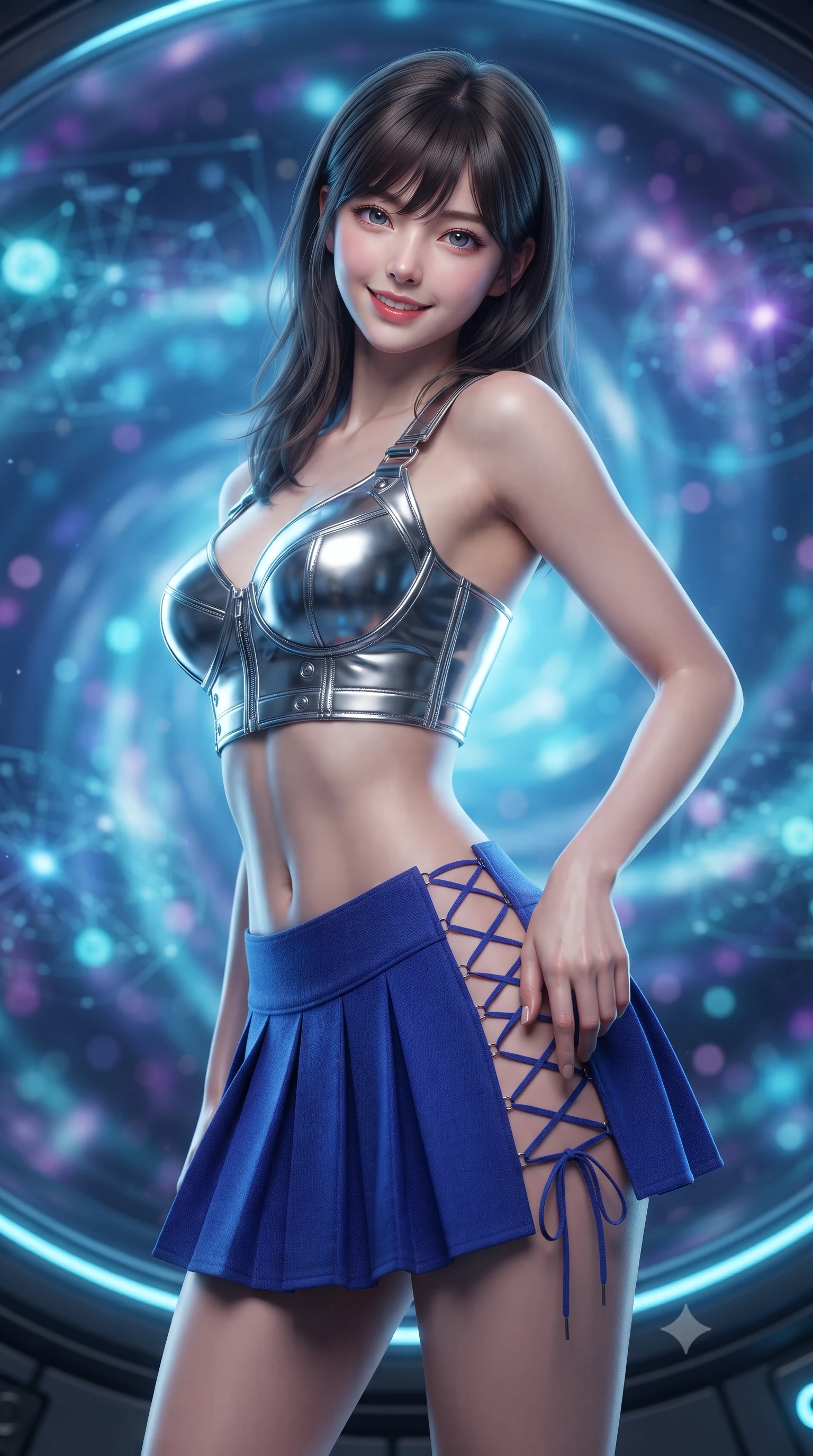 score_9, masterpiece, best quality, ultra-detailed, high-budget anime keyframe, editorial fashion photography, tasteful artistic composition, Korean woman. close-up cowboy shot from the waist and thighs up, the character dominates the composition, filling the frame with her large presence. tilting her head with a teasing half-smile, running one hand slowly down the side of her hip in a flirtatious S-curve as ambient light caresses her silhouette while standing poised inside the spherical smart-glass observatory at the core of the antimatter ion drive, arching her lower back with sovereign supermodel poise as electric-sapphire plasma spirals curl outside. The background shows a soft-focus swirling spirals of electric-sapphire ion plasma, floating 3D holographic star charts, and distant nebula clouds blurred into sapphire, cyan, and amethyst bokeh. She has an exceptionally elegant, slender, and willowy female figure with an ultra-slim waist, flat toned midriff, narrow ribcage, and sculpted feminine hips creating an alluring, slim hourglass silhouette without bulk. sharp v-shaped jawline, high-bridge nose, intricate jewel-like sparkling eyes with depth, thick eyelashes, glossy parted lips with a natural peach sheen, bright cheerful beaming smile with an enchanting and coquettish sensual glint, exuding both youthful cute charm and seductive allure, flawlessly proportioned anatomical accuracy, strict slender model proportions, natural body alignment, perfectly sculpted long slender limbs, ultra-slim waistline, clean dynamic posture without body distortion. wearing a chrome-plated tactical combat bustier top with reinforced underwire paired with a low-rise pleated micro combat skirt in Jovian storm amber and electric cobalt, crafted from bespoke double-faced cashmere with an exceptionally soft tactile finish, featuring fine criss-cross lace-up side ties revealing tantalizing glimpses of her hip curve, the high-slit wrap tailoring accentuating her ultra-slim waistline and the enchanting curve of her feminine hips with alluring seductive charm. illuminated by spherical glass reflection bounce and sharp sapphire-cyan rim lights defining her razor-sharp jawline, narrow waist, and curvy hips. ultra-reflective glossy finish, specular highlights, rich textural contrasts, high-contrast stereoscopic depth, volumetric dynamic lighting, 2k, ultra detail, master piece, 9:16 ratio
