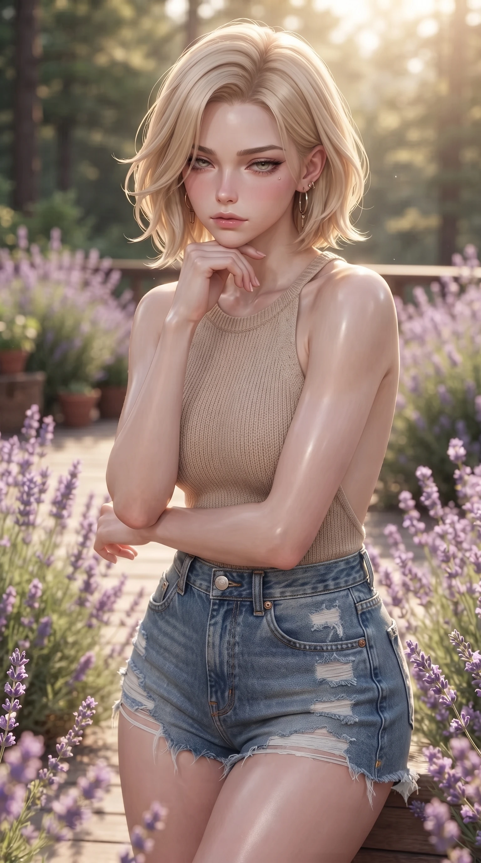 score_9, masterpiece, best quality, ultra-detailed, high-budget anime keyframe, editorial fashion photography, tasteful artistic composition, Caucasian woman. close-up cowboy shot from the waist and thighs up, the character dominates the composition, filling the frame with her large presence, background elements kept in soft focus. resting her chin on the backs of her fingers, casting a heavy-lidded, sultry look past the camera the background shows a soft-focus a private garden deck at a forest retreat, surrounded by wild lavender bushes. She has an exceptionally elegant, slender, and willowy female figure with an ultra-slim waist, a gracefully sculpted slender torso, and a refined silhouette. sharp v-shaped jawline, high-bridge nose, intricate jewel-like eyes with depth, thick eyelashes, glossy lips with a natural sheen. wearing a form-contouring backless knit top in beige wool, paired with high-waisted denim shorts. soft golden afternoon sunbeams, casting a peaceful country glow. ultra-reflective glossy finish, specular highlights, metallic sheen, high-contrast stereoscopic depth, volumetric dynamic lighting, 2k, ultra detail, master piece, 9:16 ratio