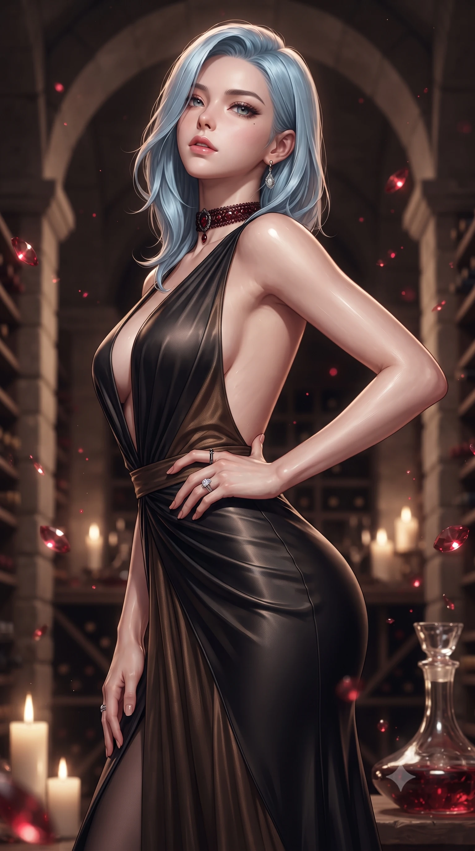 score_9, masterpiece, best quality, ultra-detailed, high-budget anime keyframe, editorial fashion photography, tasteful artistic composition, Korean woman. close-up cowboy shot from the waist and thighs up, the character dominates the composition, filling the frame with her large presence. tilting her chin up with proud, sovereign allure while gazing through thick eyelashes, one hand resting on her waist in pure supermodel charisma while standing poised between towering limestone arches and dusty vintage wine racks, twisting her torso in a deep contrapposto stance to display her feminine hourglass curves. The composition keeps background elements in soft focus with creamy bokeh. dancing candle flames and crystal wine decanter refractions scattering warm crimson light motes. She has an exceptionally elegant, slender, and willowy female figure with an ultra-slim waist, a gracefully sculpted slender torso, toned flat midriff, and rounded feminine hips creating an alluring hourglass silhouette. sharp v-shaped jawline, high-bridge nose, intricate jewel-like eyes with depth, thick eyelashes, glossy parted lips with a natural sheen, intensely captivating and seductive bedroom-eyes expression, flawlessly proportioned anatomical accuracy, strict slender model proportions, natural body alignment, perfectly sculpted long slender limbs, ultra-slim waistline, clean dynamic posture without body distortion. wearing a liquid-silk jersey evening gown with an ultra-deep plunging open back descending to the base of her spine and a sculpted hip-hugging skirt in midnight obsidian black and antique bronze, woven from layered gossamer chiffon with a weightless sweeping drape, complemented by a bold antique garnet choker and sparkling cocktail ring, the form-contouring material adhering flawlessly to her sculpted flat midriff and slender torso, emphasizing her long leg lines and perfectly proportioned willowy build. surrounded by an opulent, intimate, and dangerously intoxicating vintage wine empress aura. ultra-reflective glossy finish, specular highlights, rich textural contrasts, high-contrast stereoscopic depth, volumetric dynamic lighting, 2k, ultra detail, master piece, 9:16 ratio