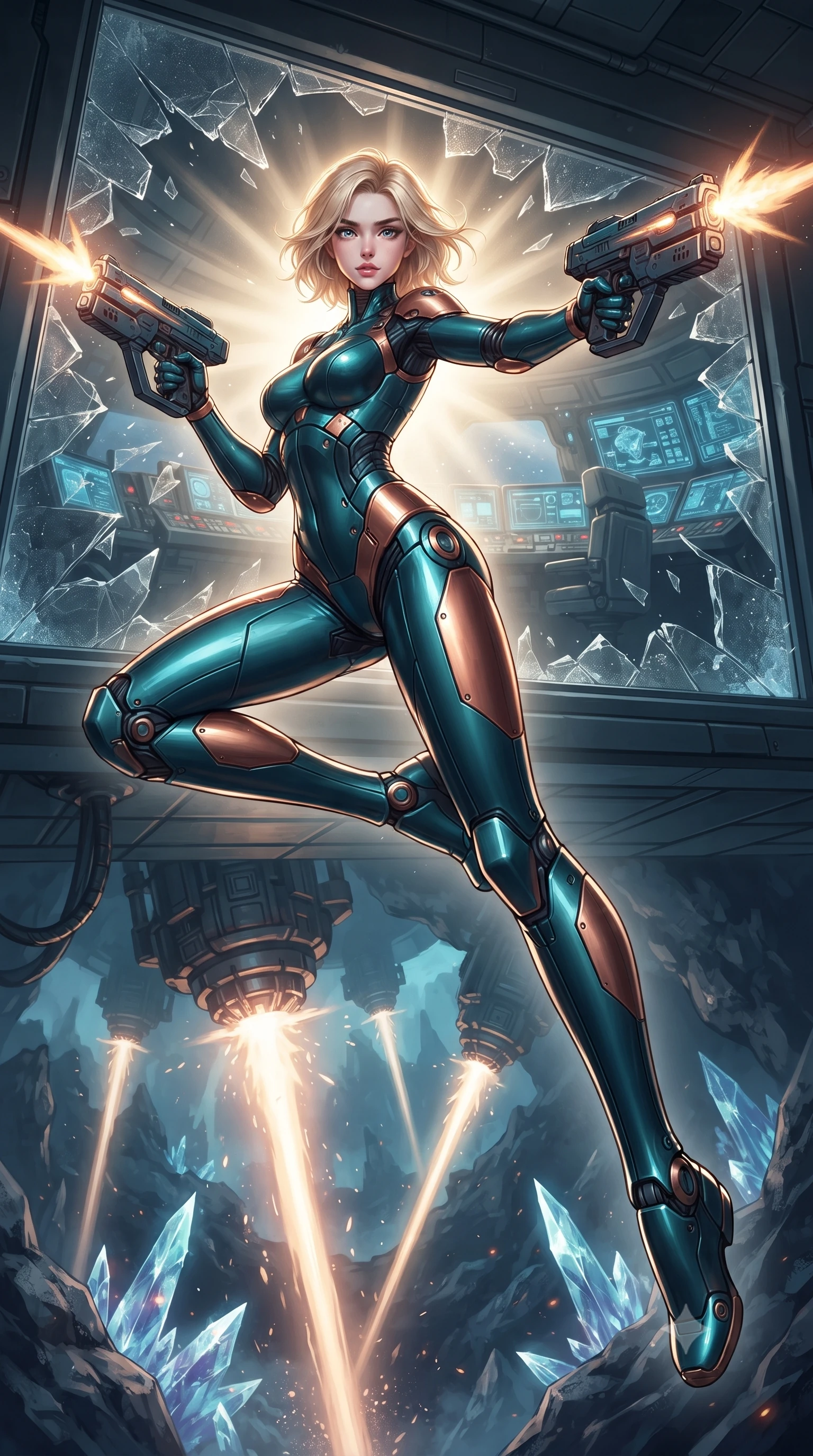 score_9, masterpiece, best quality, ultra-detailed, high-budget anime keyframe, editorial fashion photography, tasteful artistic composition, realistic cosplay photography, Caucasian woman, strictly human ears. low angle full-body shot from head to toe showing her feet, filling the entire 9:16 vertical frame with her statuesque presence, stretching her vertical silhouette. diving sideways through a breaking glass window while shooting her plasma blasters inside a control deck inside a hollowed mining asteroid, giant laser drills cutting through crystal veins below. She has a statuesque 8.5-heads proportion, an exceptionally tall, slender and willowy model-like build with impossibly long legs and a highly sculpted ultra-slim waist. sharp v-shaped jawline, high-bridge nose, intricate jewel-like eyes with depth, thick eyelashes, glossy lips with a natural sheen. wearing tailored for maximum mobility, sleek form-contouring panels that allow fluid movement, a form-contouring body-hugging cybernetic combat suit in deep teal and copper panels, tracing her slender waist and long legs. dramatic backlight creating a radiant halo effect around her entire silhouette. ultra-reflective glossy finish, specular highlights, metallic sheen, high-contrast stereoscopic depth, volumetric dynamic lighting, 2k, ultra detail, master piece, 9:16 ratio