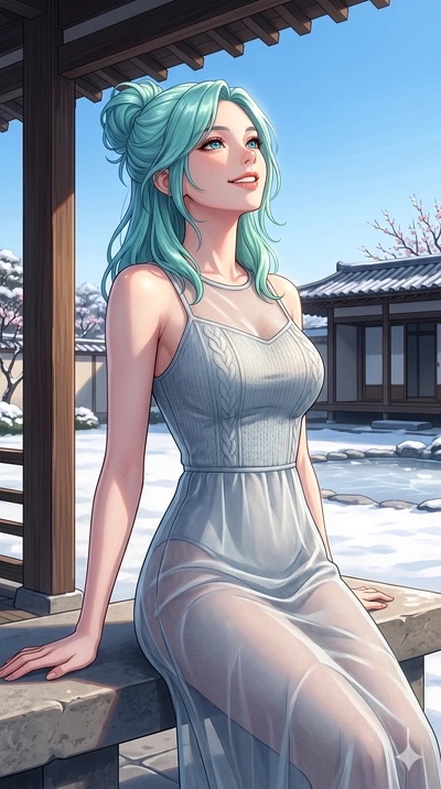 score_9, masterpiece, best quality, ultra-detailed, high-budget anime keyframe, vibrant anime aesthetic, Japanese woman. cowboy shot from the thighs up, character and outfit filling the frame for maximum presence. She is leaning back with a bright, w