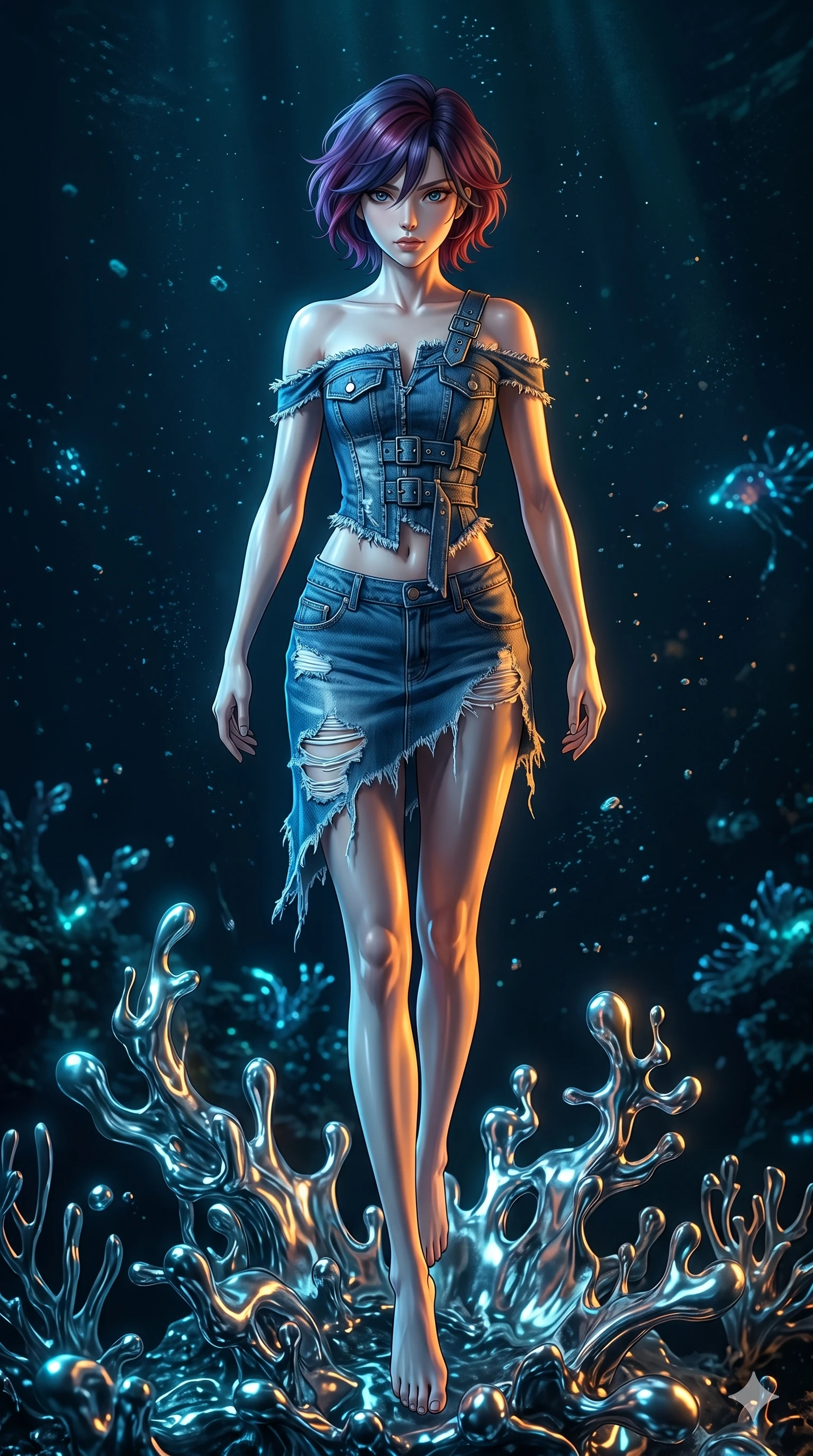 score_9, masterpiece, best quality, ultra-detailed, high-budget anime keyframe, Caucasian woman, strictly human ears. low angle full-body shot filling the entire 9:16 frame with her statuesque presence, stretching the vertical silhouette. diving through a bionic fluid mercury reef where self-replicating liquid chrome corals pulse under dark ocean water. She has an absolutely perfect 8-heads proportion, an exceptionally tall and slender female figure with impossibly long slender legs and an ultra-slim waist. V-shaped jawline, high-bridge nose, intricate jewel-like eyes with depth, thick eyelashes, glossy lips with a natural sheen.. wearing a deconstructed denim corset and an asymmetric ripped denim micro-skirt, showcasing a rugged yet chic off-shoulder style. accented by dynamic color-blocked lighting with high-contrast shadows emphasizing her statuesque height. 2k, ultra detail, master piece, 9:16 ratio