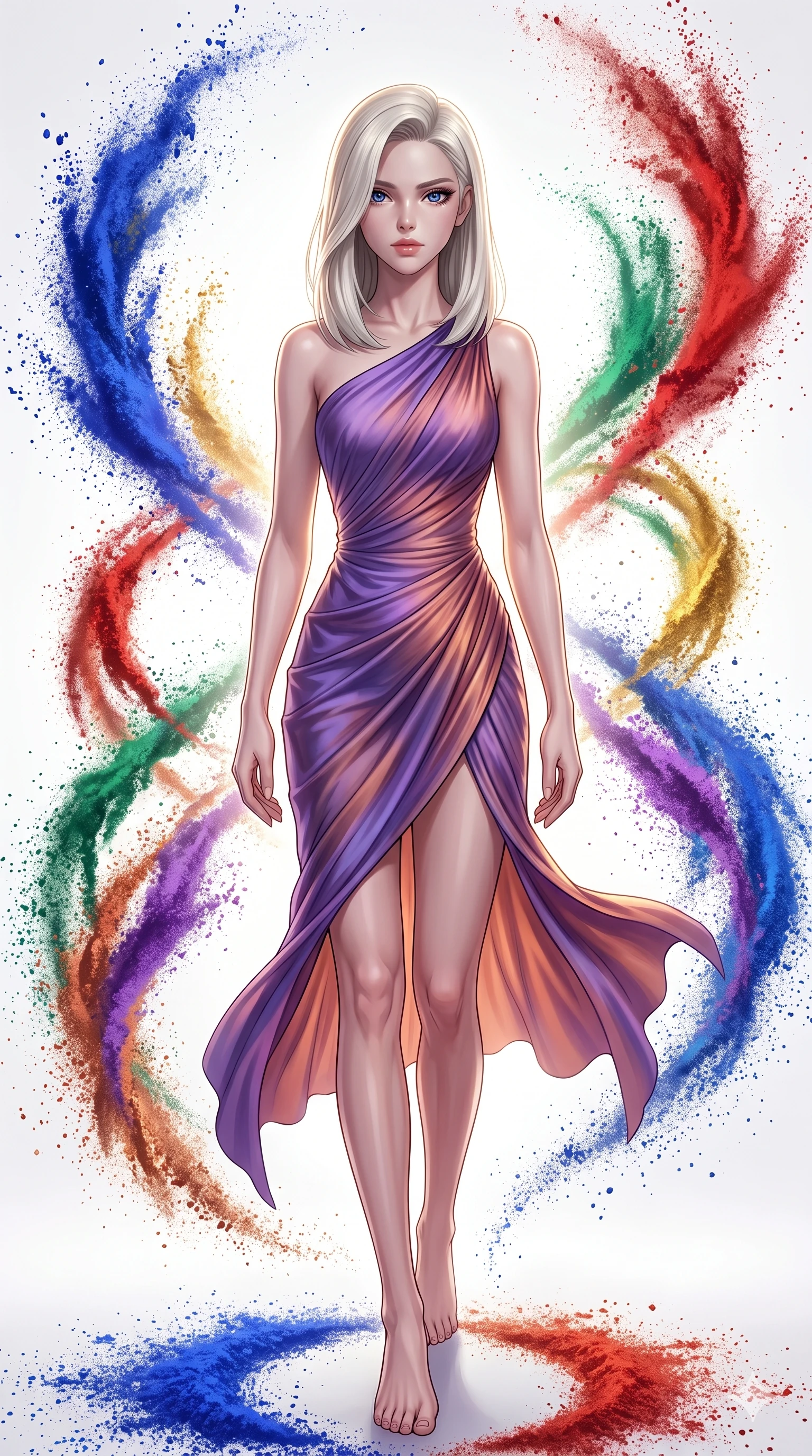 score_9, masterpiece, best quality, ultra-detailed, high-budget anime keyframe, editorial fashion photography, tasteful artistic composition, Caucasian woman, strictly human ears. low angle full-body shot from head to toe showing her feet, filling the entire 9:16 vertical frame with her statuesque presence, stretching her vertical silhouette. striding with confident determination through an artist's white studio where spiraling vortexes of pure dry pigment powder in vivid ultramarine cadmium red viridian and gold orbit around the center in hypnotic double-helix formations. She has a statuesque 8.5-heads proportion, an exceptionally tall, slender and willowy model-like build with impossibly long legs and a highly sculpted ultra-slim waist. sharp v-shaped jawline, high-bridge nose, intricate jewel-like eyes with depth, thick eyelashes, glossy lips with a natural sheen. wearing a draped jersey dress in a shifting violet and copper gradient, the fluid fabric clinging to her slender hips and waist with every motion. dramatic backlight creating a radiant halo effect around her entire silhouette. 2k, ultra detail, master piece, 9:16 ratio